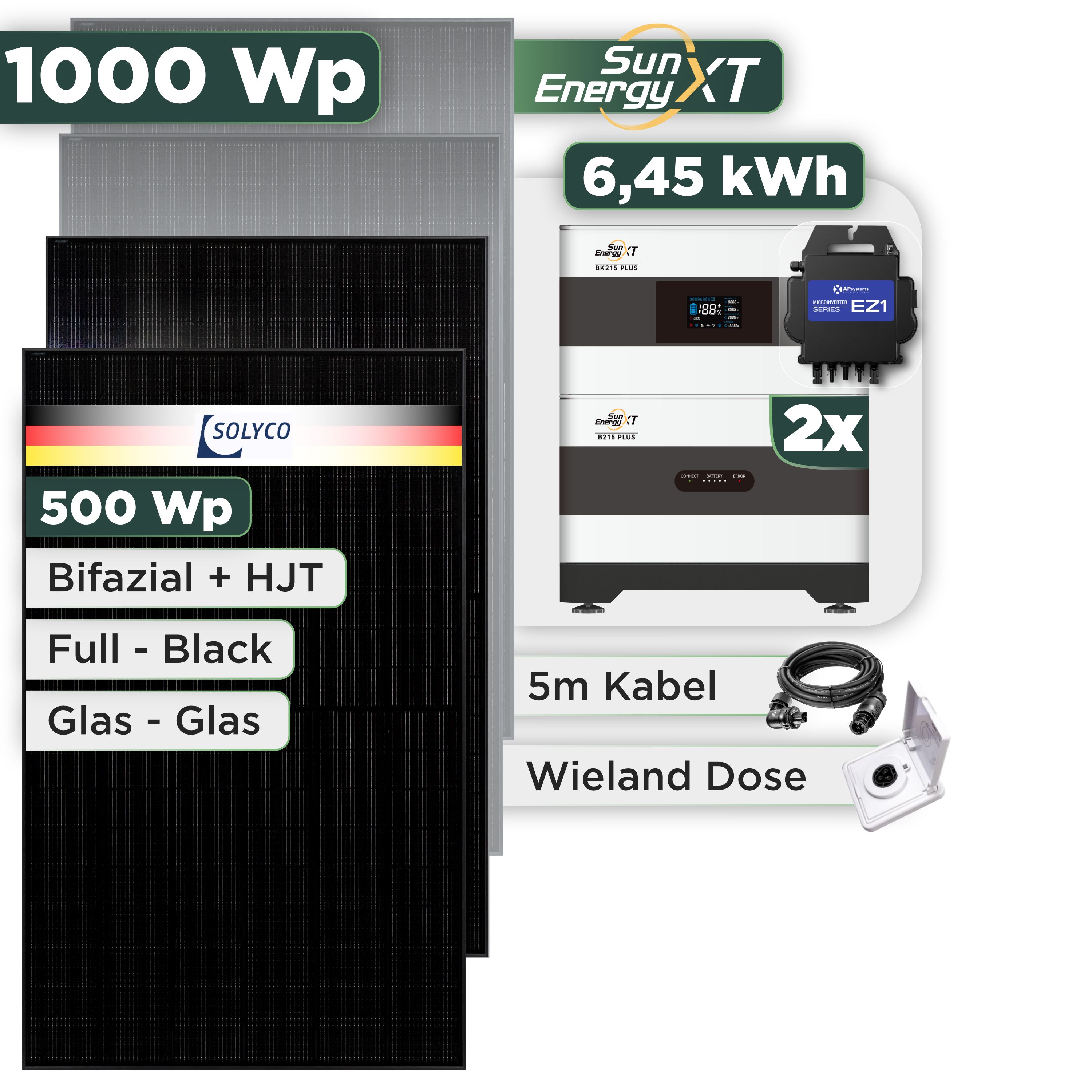 Balkonkraftwerk Set 1000 Wp SunEnergyXT Plus / 6,45 kWh / Solyco 500 Wp Glas-Glas Fullblack-Modul Bifazial / 2 Module / APSystems EZ1-M (bis 800 W) / Wieland Stecker + Dose