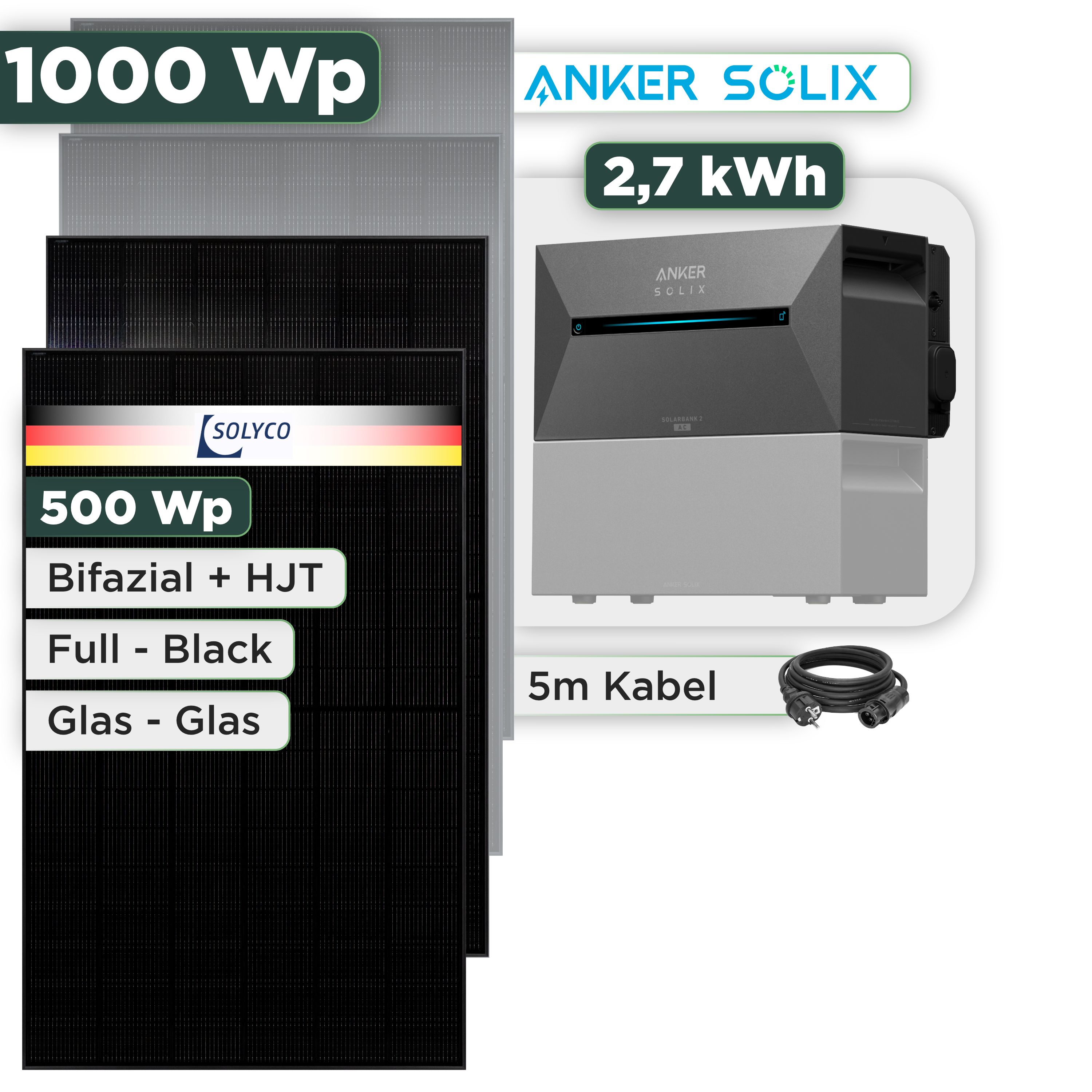 Balkonkraftwerk Set 1000 Wp Anker Solarbank 3 Pro / 2,7 kWh / Solyco 500 Wp Glas-Glas Fullblack-Modul Bifazial / 2 Module / Schuko Stecker / 3 m
