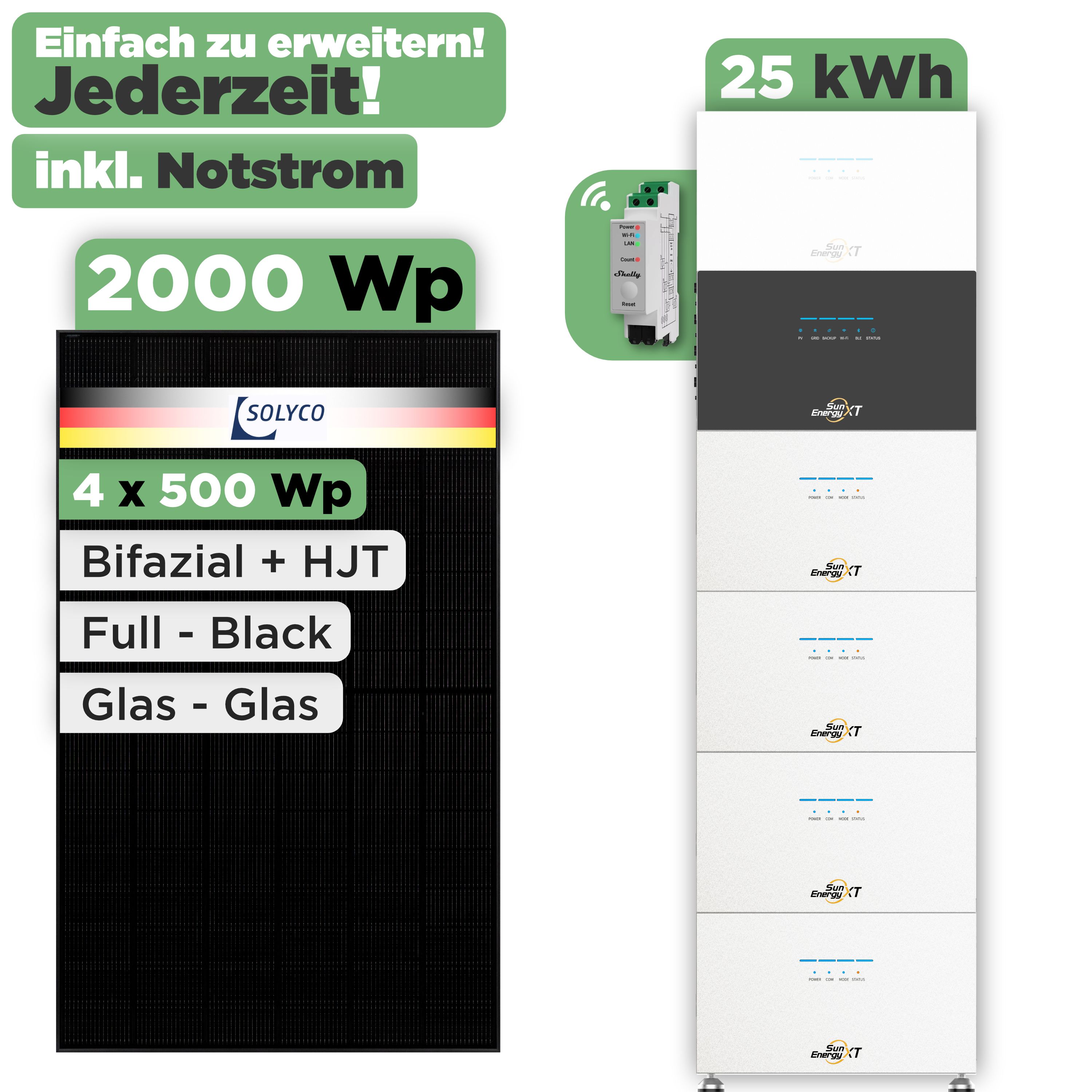 SunEnergyXT 500 Modulset 2000 Wp SunEnergyXT 500 Pro (2400 W) / 25 kWh / Shelly 3EM Pro / Solyco 500 Wp / 4 Module