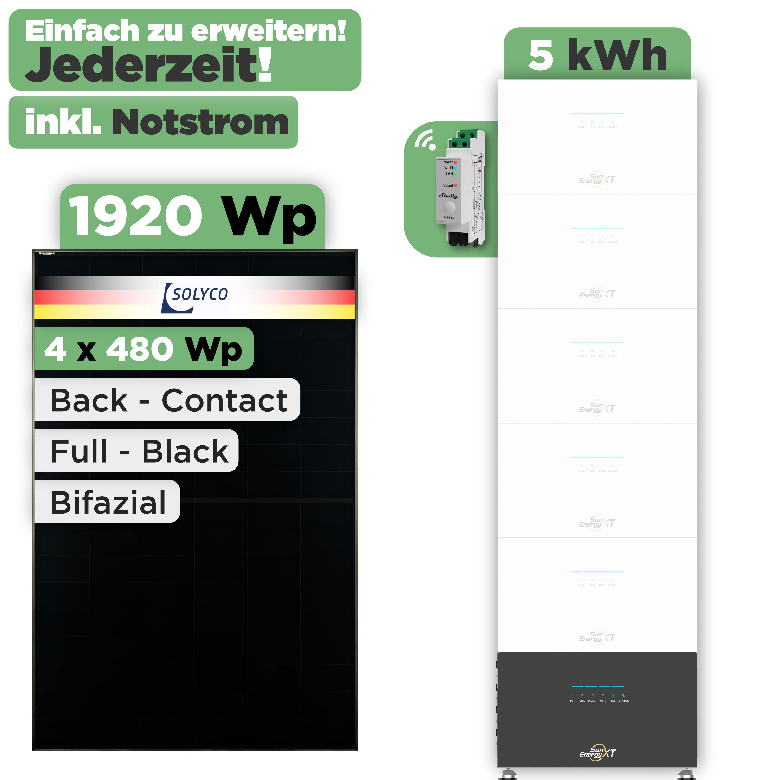 SunEnergyXT 500 Modulset 1920 Wp — SunEnergyXT 500 (800 W) / 5 kWh / Shelly 3EM Pro / Solyco 480 Wp / 4 Module