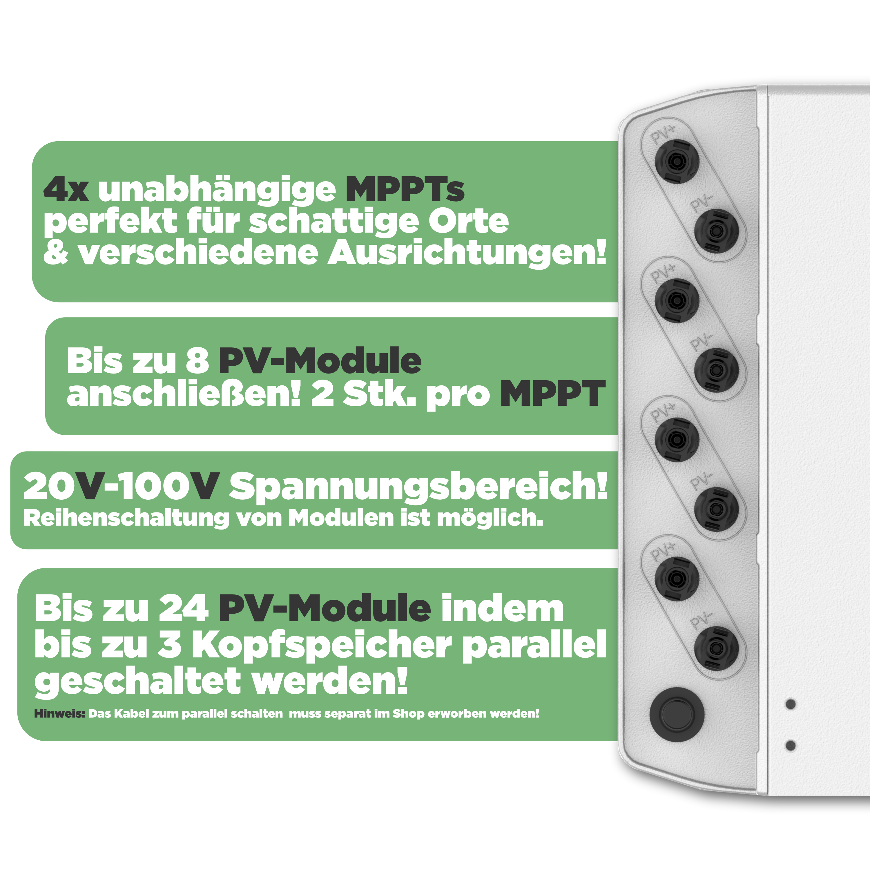 SunEnergyXT 500 PRO — 5 kWh Balkonkraftwerk Speicher mit 2.400W Wechselrichter, 4 MPPT & Notstromfunktion (LiFePO4, erweiterbar auf 30 kWh)