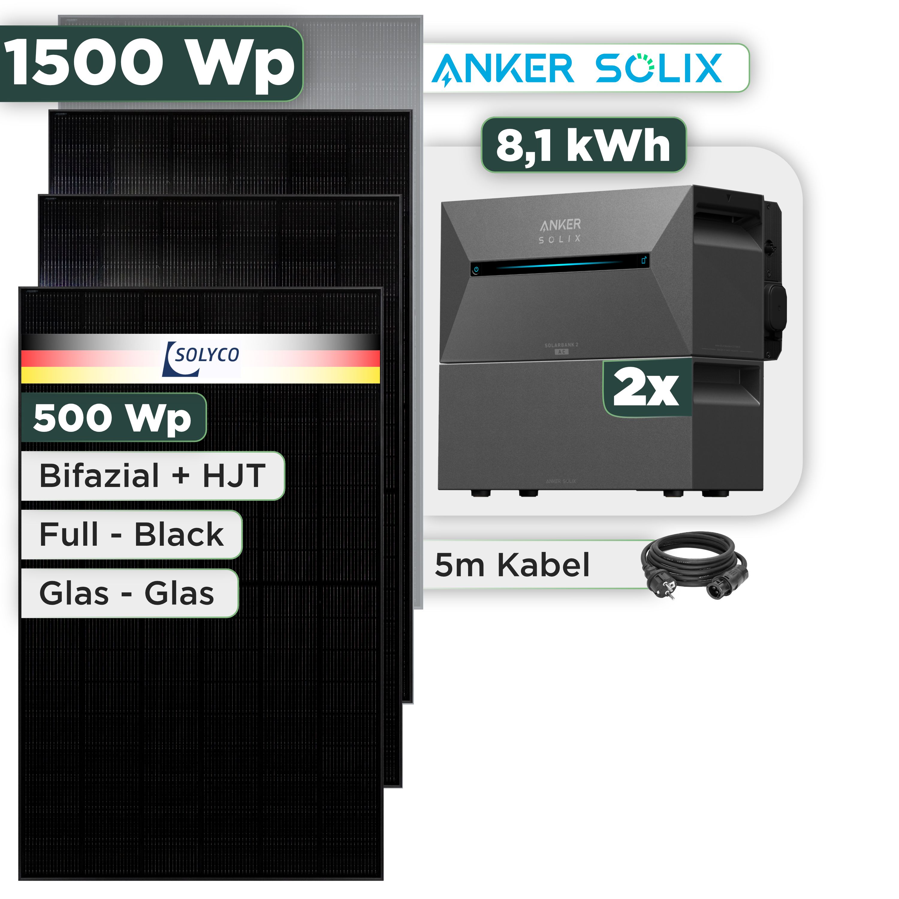 Balkonkraftwerk Set 1500 Wp Anker Solarbank 3 Pro / 8,1 kWh / Solyco 500 Wp Glas-Glas Fullblack-Modul Bifazial / 3 Module / Schuko Stecker / 3 m