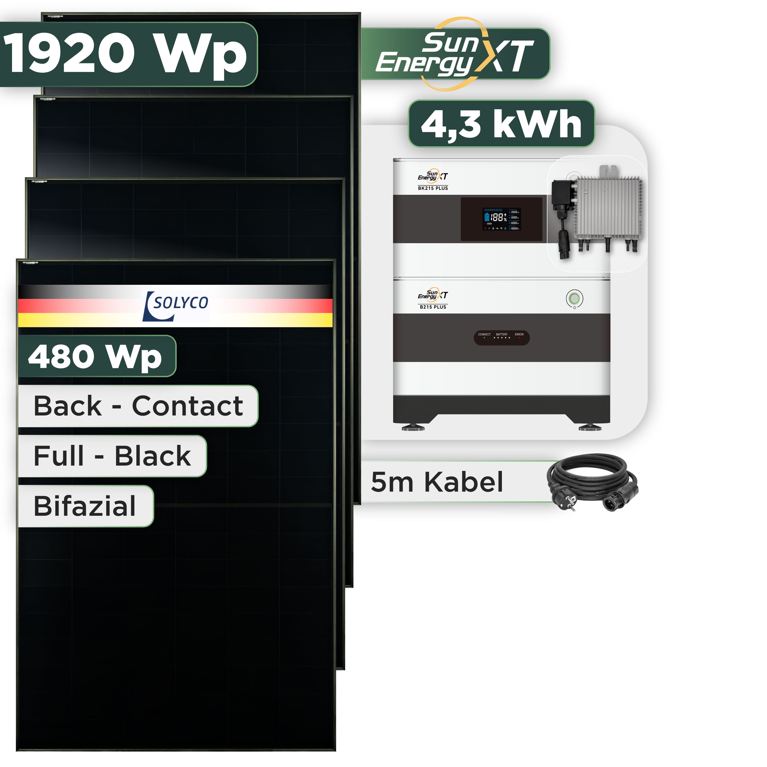 Balkonkraftwerk Set 1920 Wp SunEnergyXT Plus / 4,3 kWh / Solyco 480 Wp Glas-Glas Fullblack Back Contact Modul / 4 Module / Deye 800 W / Schuko Stecker