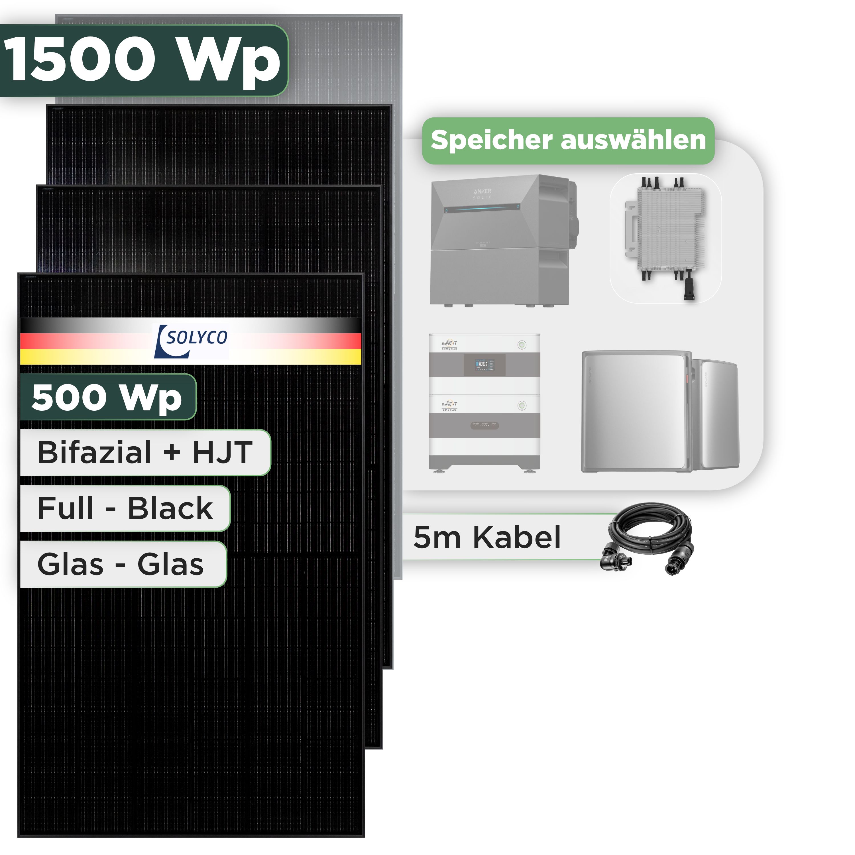 Balkonkraftwerk Set 1500 Wp Solyco 500 Wp Glas-Glas Fullblack-Modul Bifazial / 3 Module / Deye 2000 W / Wieland Stecker
