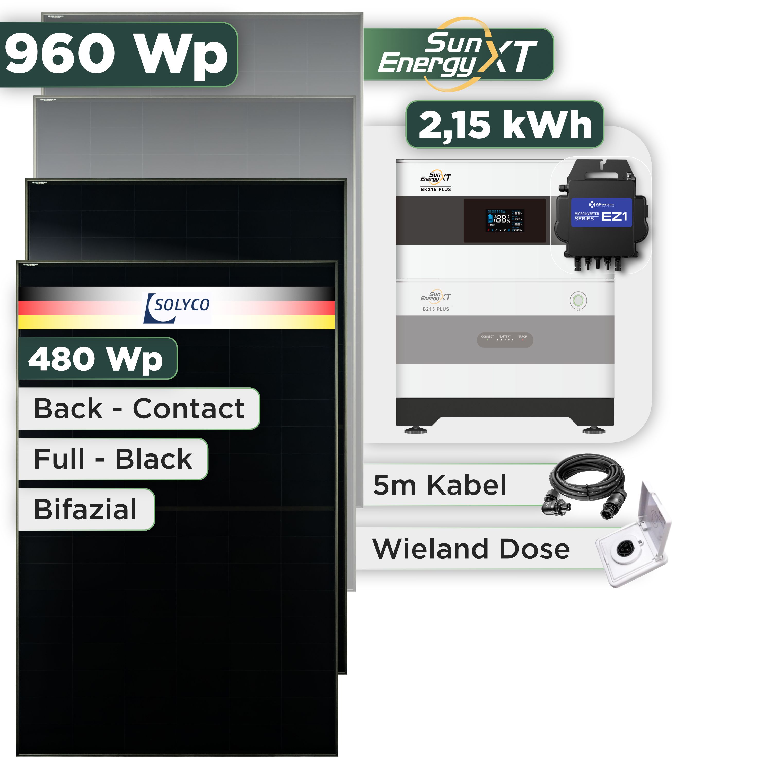 Balkonkraftwerk Set 960 Wp SunEnergyXT Plus / 2,15 kWh / Solyco 480 Wp Glas-Glas Fullblack Back Contact Modul / 2 Module / APSystems EZ1-M (bis 800 W) / Wieland Stecker + Dose