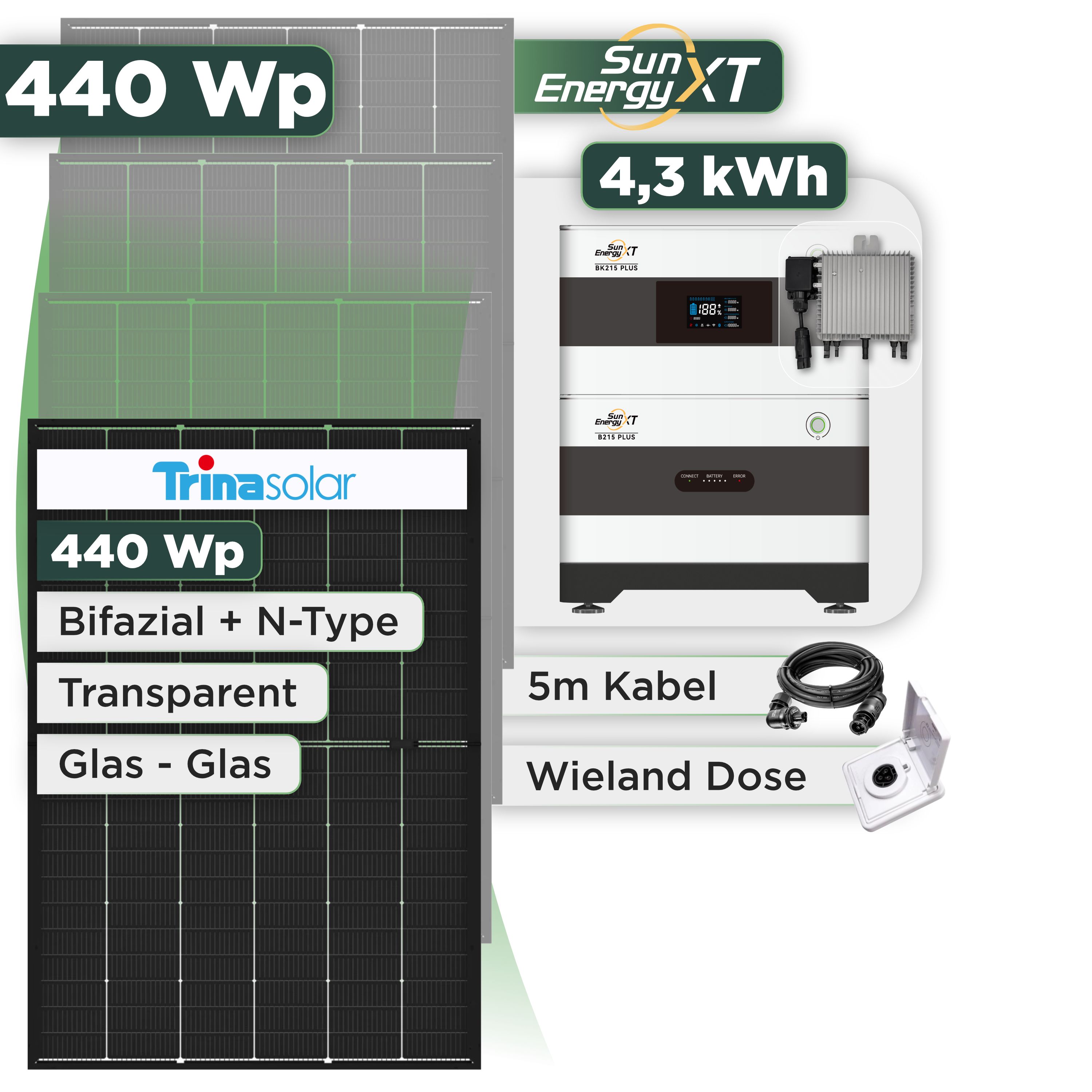Balkonkraftwerk Set 440 Wp SunEnergyXT Plus / 4,3 kWh / Trina 440 Wp Glas-Glas Bifazial Modul / 1 Modul / Deye 800 W / Wieland Stecker + Dose