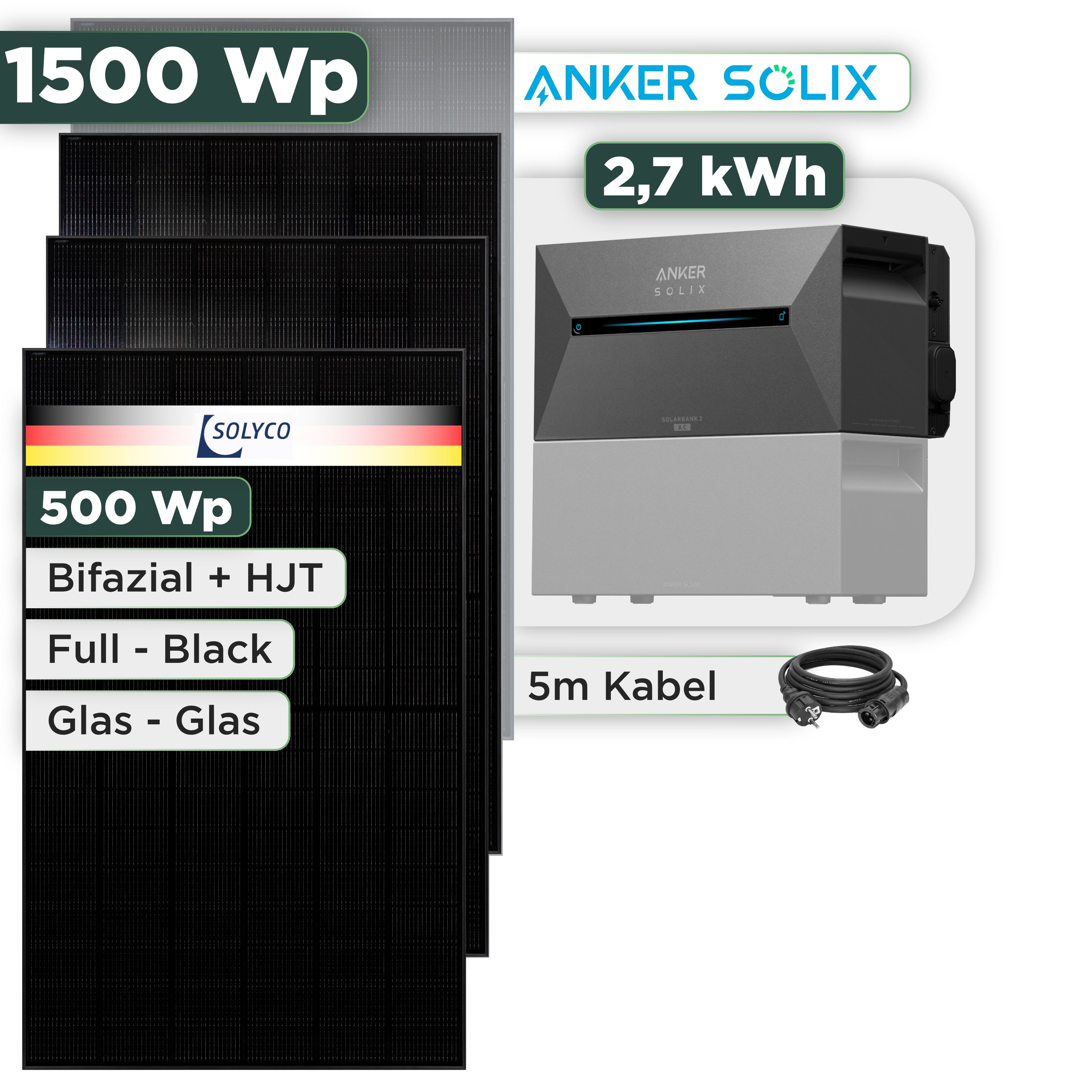 Balkonkraftwerk Set 1500 Wp Anker Solarbank 3 Pro / 2,7 kWh / Solyco 500 Wp Glas-Glas Fullblack-Modul Bifazial / 3 Module / Schuko Stecker / 3 m