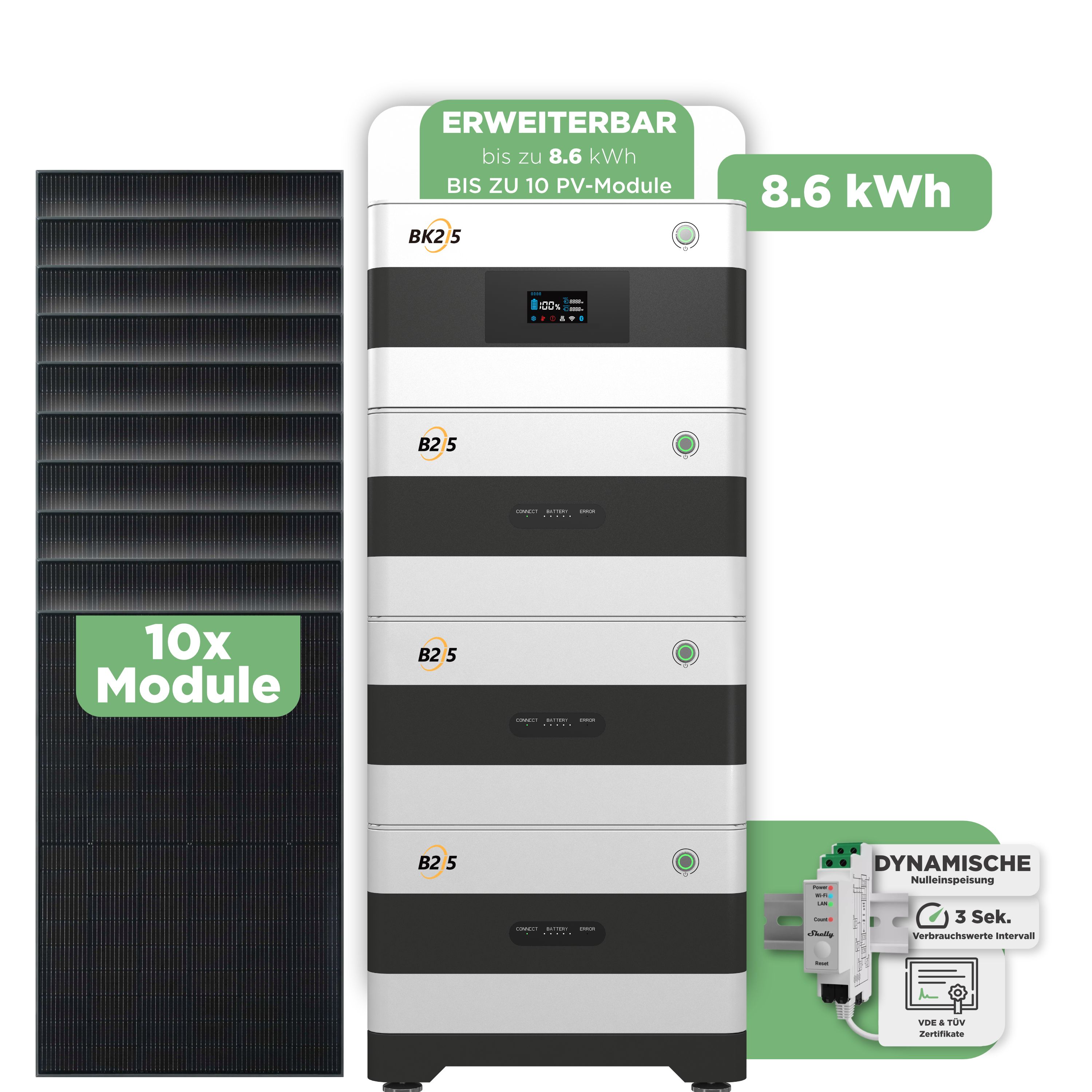 SunEnergyXT Balkonkraftwerkspeicher — 8.600 Wh / mit Shelly 3EM Pro / 10 x Trina 440 Wp Bifazial