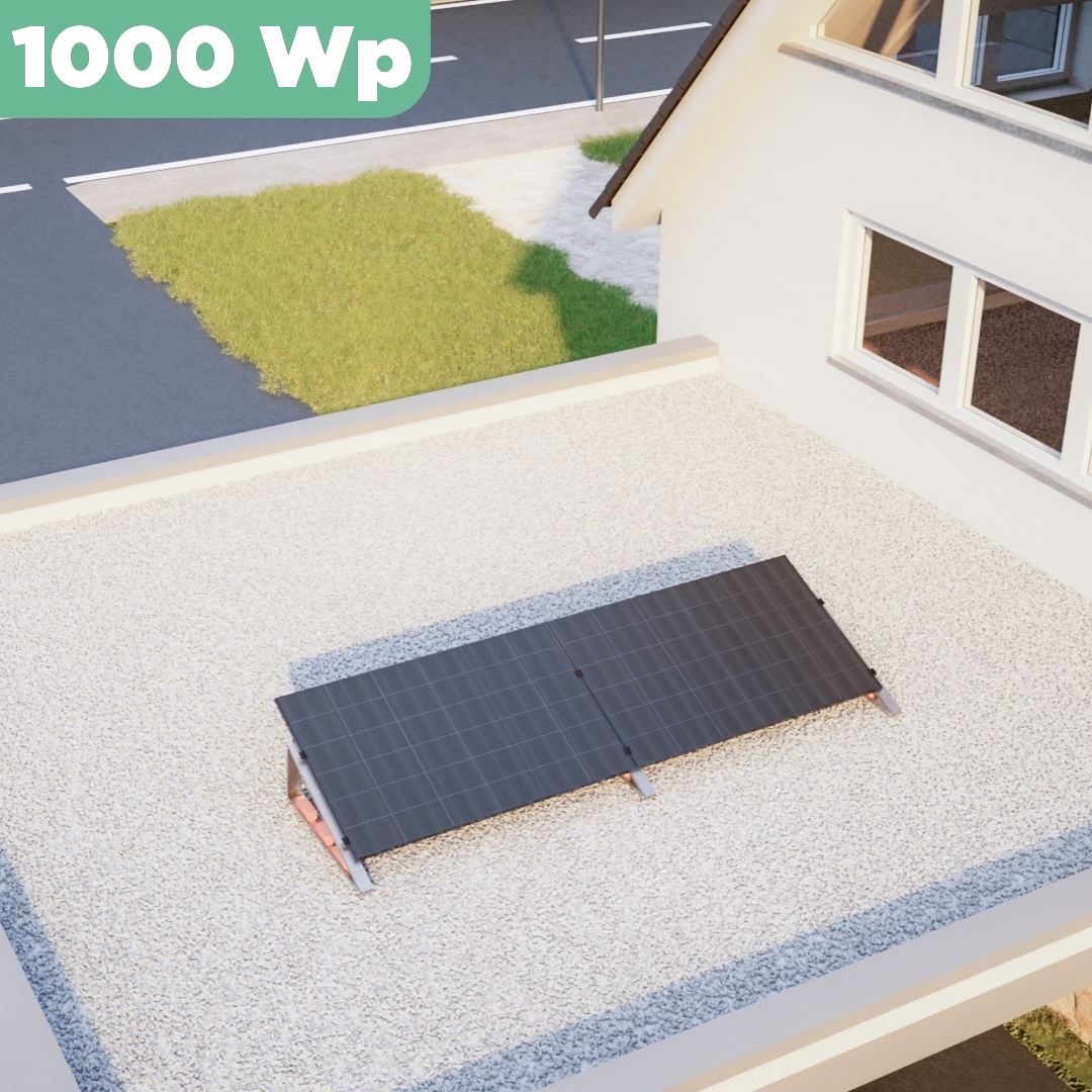 Balkonkraftwerk Flachdach 1000 Wp — APsystems EZ1-M 800 W / Trina Solar / 500 Wp (Glas-Glas Full Black) / Standard / eine Reihe quer / 2 Module / 20 m