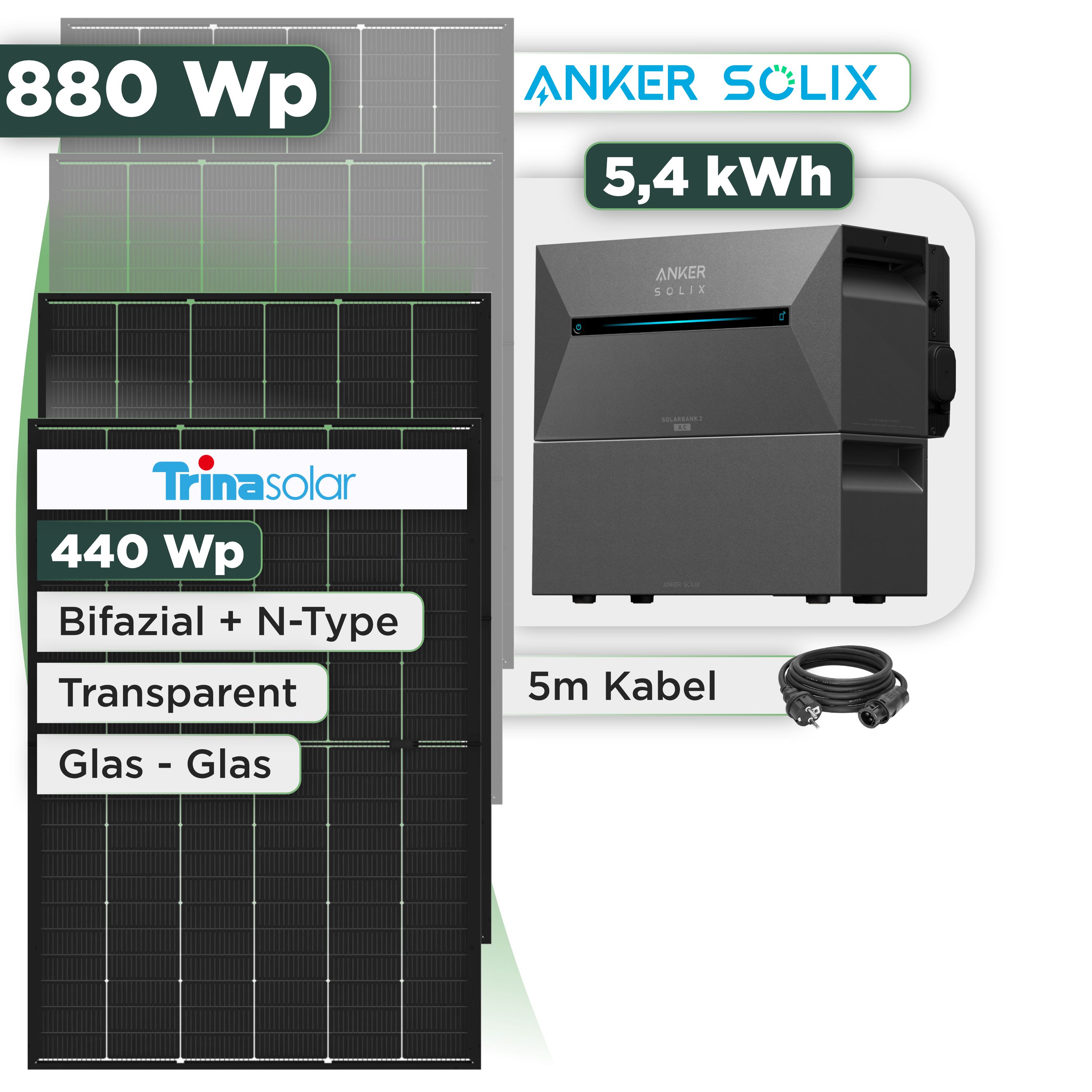 Balkonkraftwerk Set 880 Wp Anker Solarbank 3 Pro / 5,4 kWh / Trina 440 Wp Glas-Glas Bifazial Modul / 2 Module / Schuko Stecker / 3 m