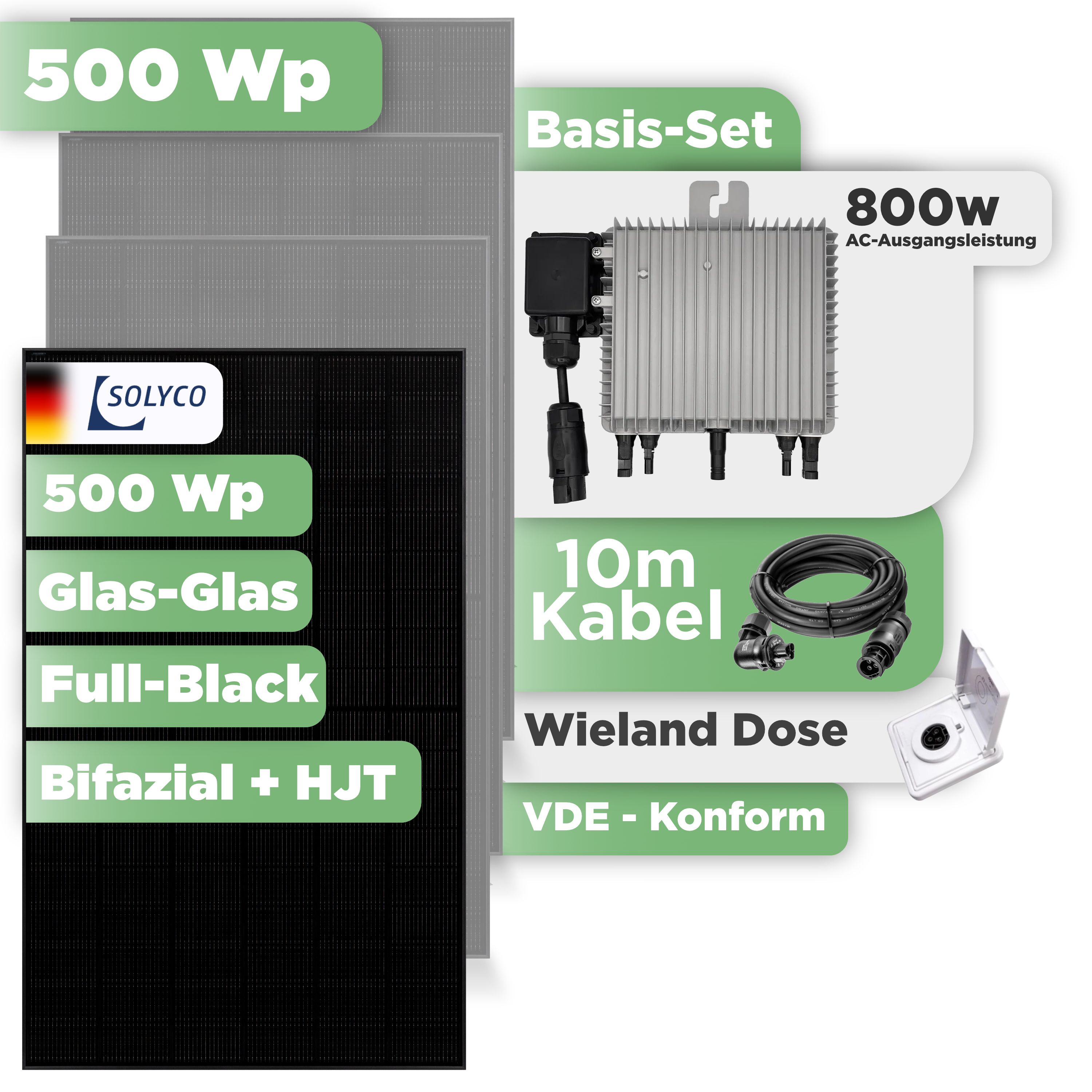 Balkonkraftwerk Basic Set 500 Wp — Solyco 500 Wp Glas-Glas Fullblack-Modul Bifazial / 1 Modul / Deye 800 W / Wieland Stecker + Dose / 10 m