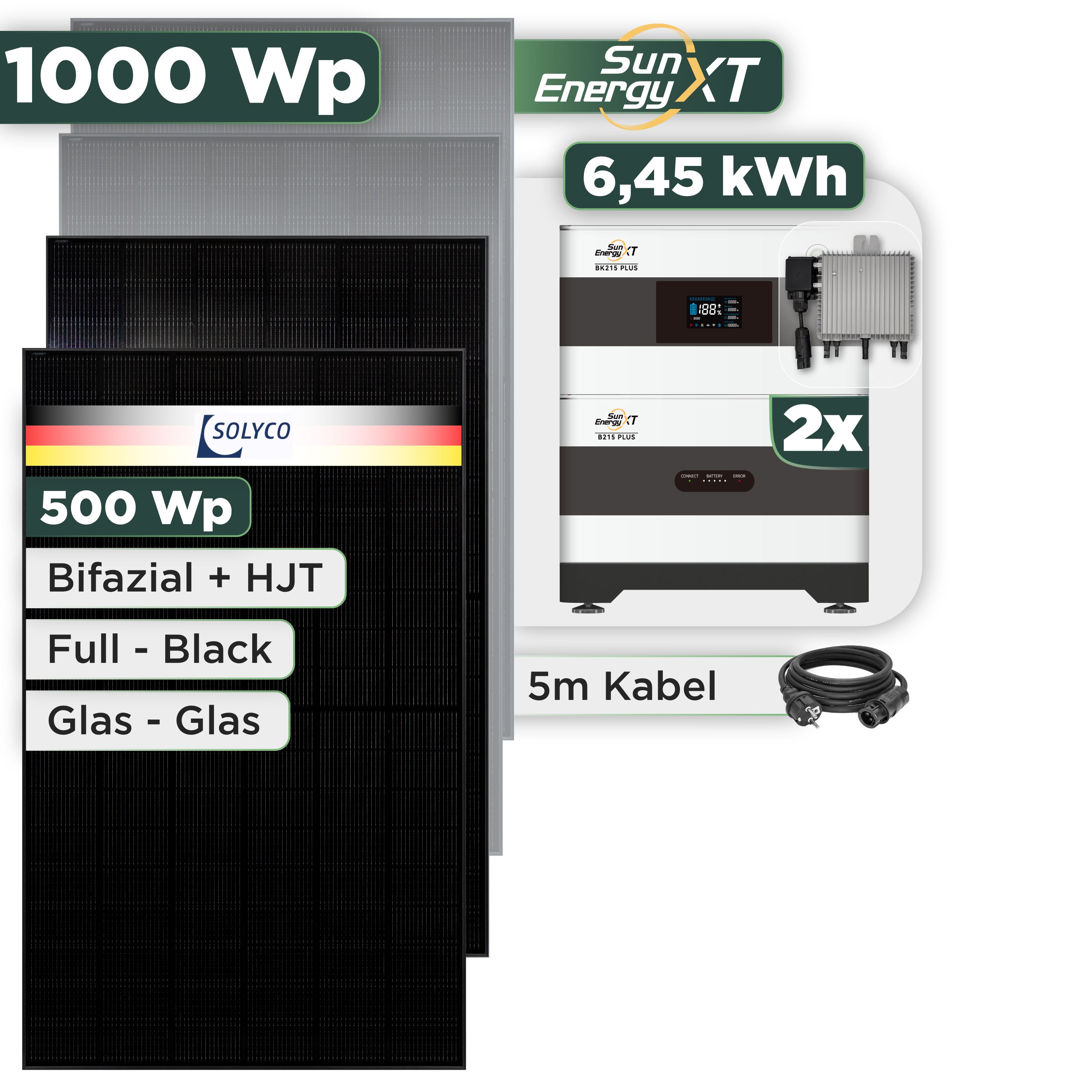 Balkonkraftwerk Set 1000 Wp — SunEnergyXT Plus / 6,45 kWh / Solyco 500 Wp Glas-Glas Fullblack-Modul Bifazial / 2 Module / Deye 800 W / Schuko Stecker / 5 m