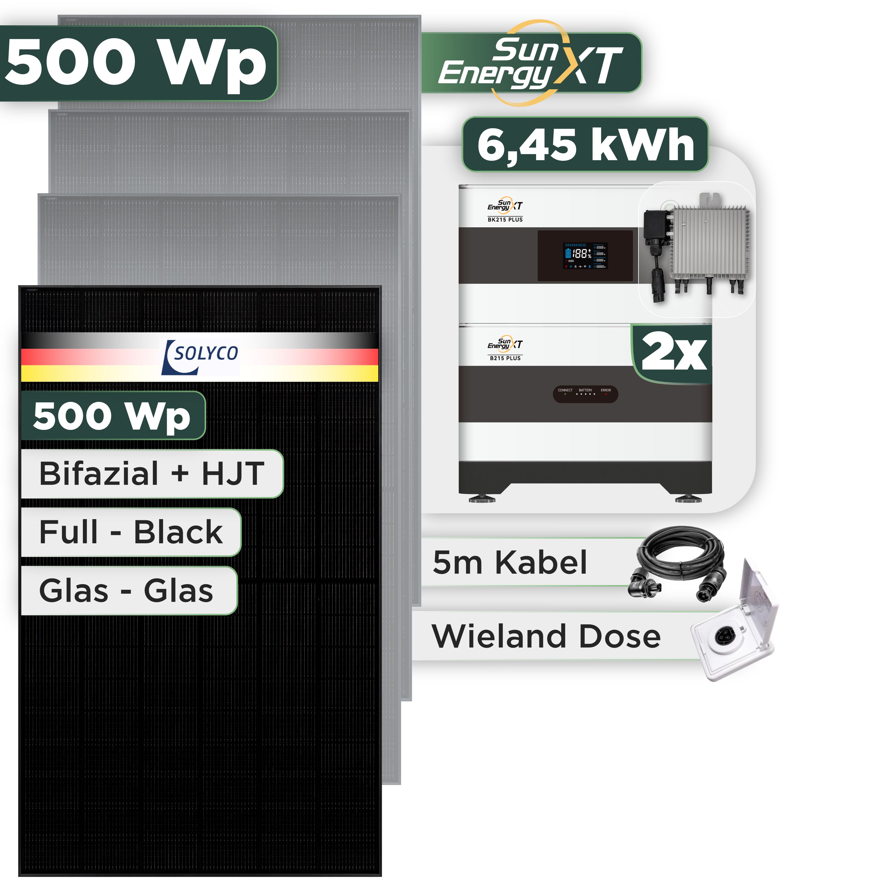 Balkonkraftwerk Set 500 Wp SunEnergyXT Plus / 6,45 kWh / Solyco 500 Wp Glas-Glas Fullblack-Modul Bifazial / 1 Modul / Deye 800 W / Wieland Stecker + Dose