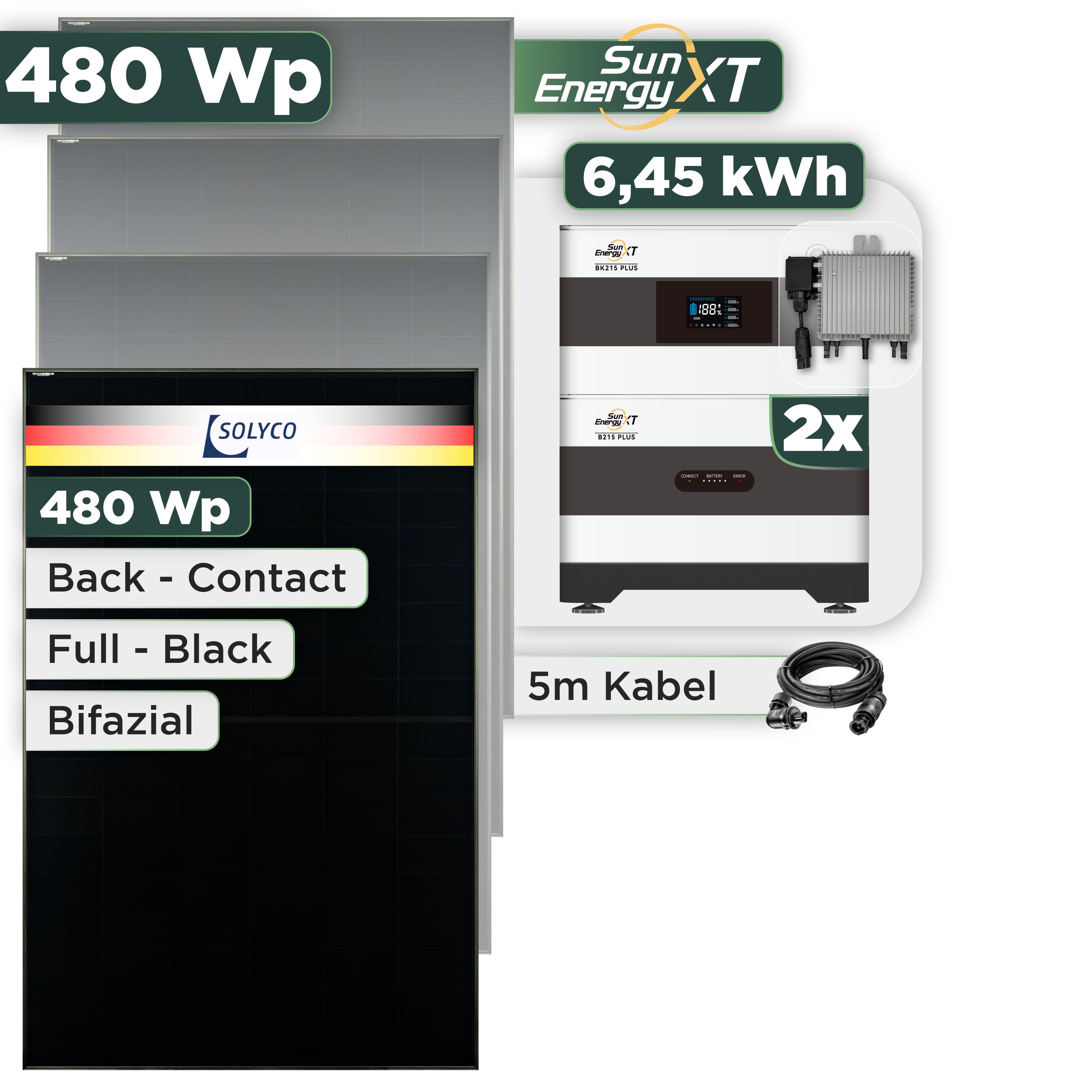 Balkonkraftwerk Set 480 Wp SunEnergyXT Plus / 6,45 kWh / Solyco 480 Wp Glas-Glas Fullblack Back Contact Modul / 1 Modul / Deye 800 W / Wieland Stecker