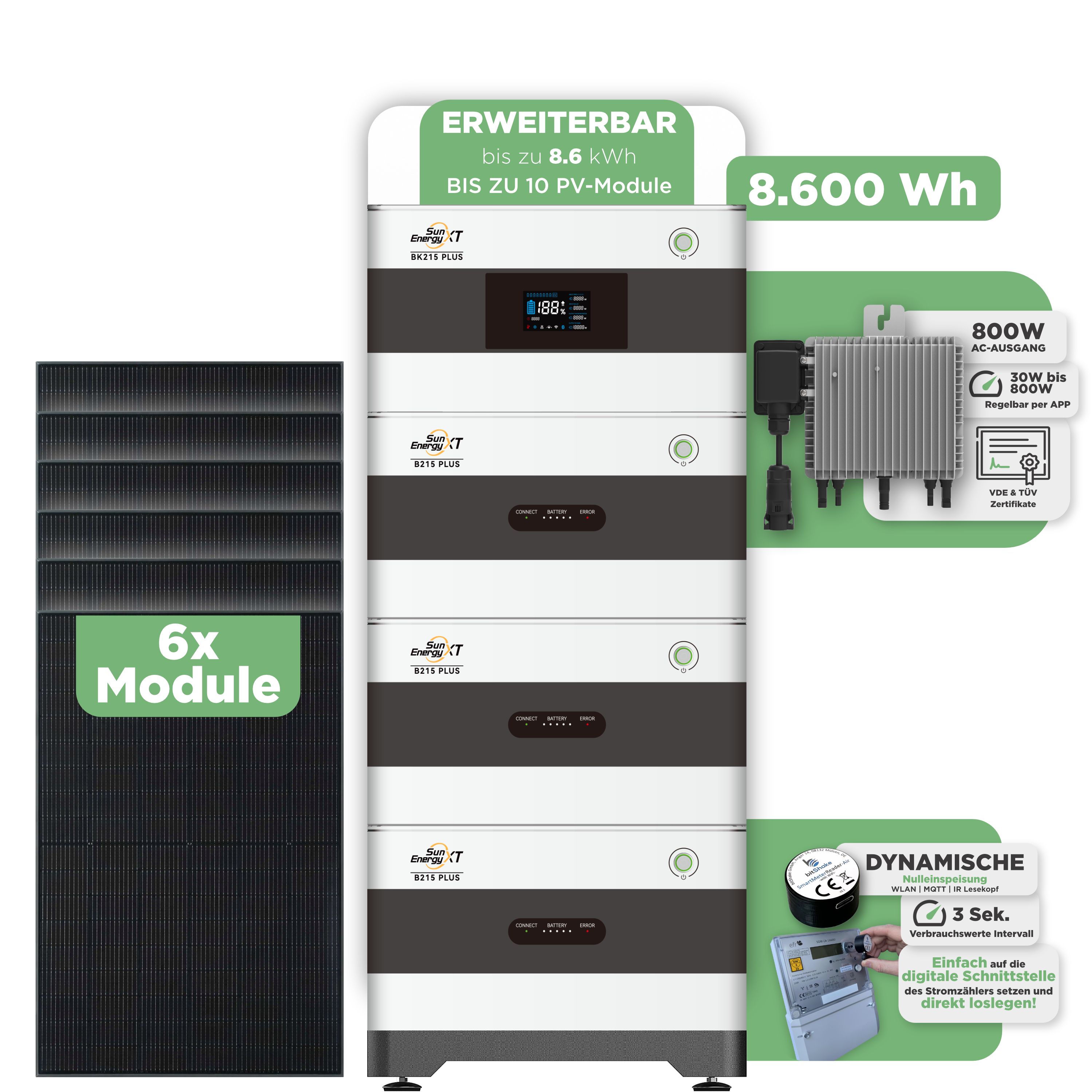 SunEnergyXT Balkonkraftwerkspeicher — 8.600 Wh / mit IR Lesekopf (bitshake) / 800 W (Deye-SUN-M) / 6 x Trina 440 Wp Bifazial