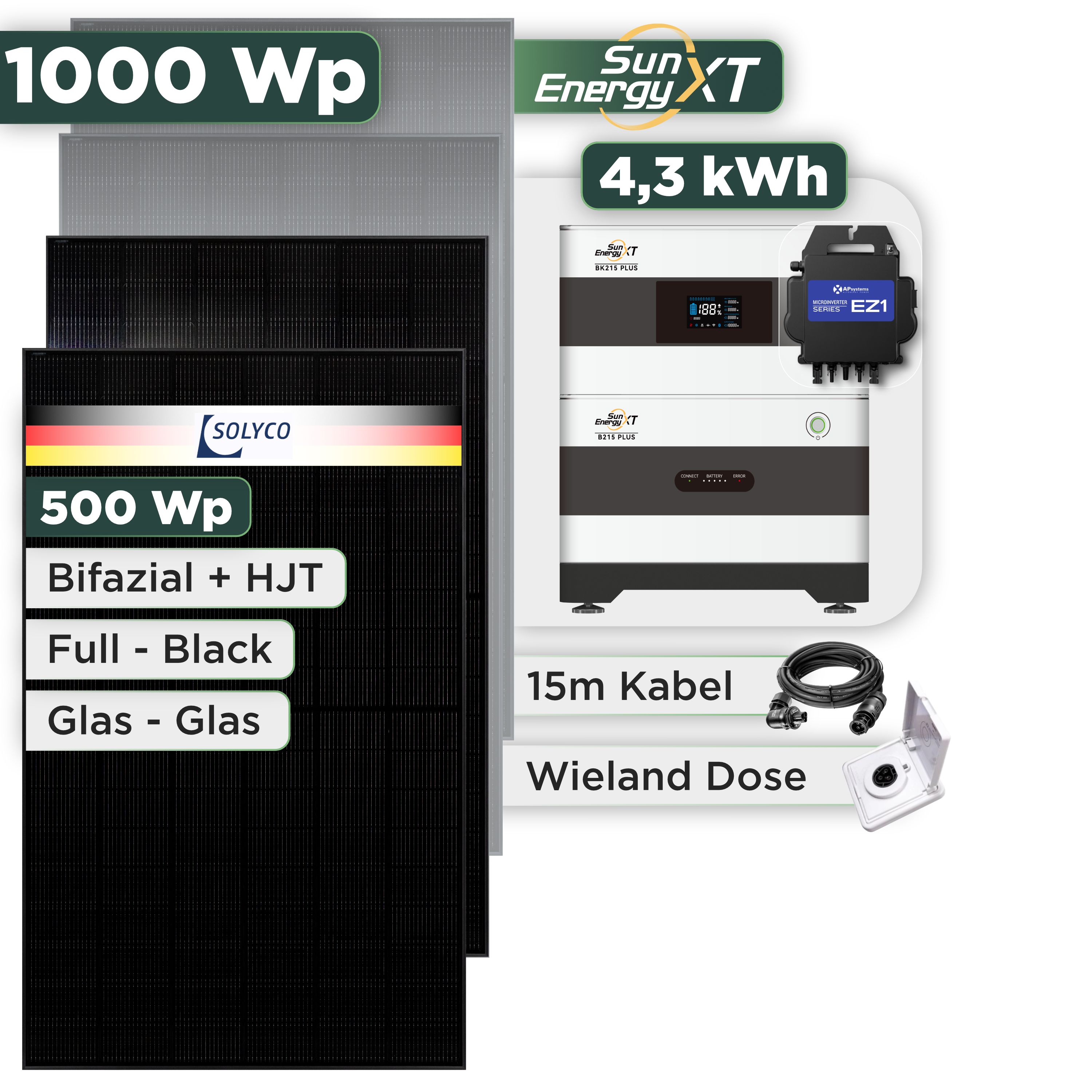 Balkonkraftwerk Set 1000 Wp — SunEnergyXT Plus / 4,3 kWh / Solyco 500 Wp Glas-Glas Fullblack-Modul Bifazial / 2 Module / APSystems EZ1-M (bis 800 W) / Wieland Stecker + Dose / 15 m