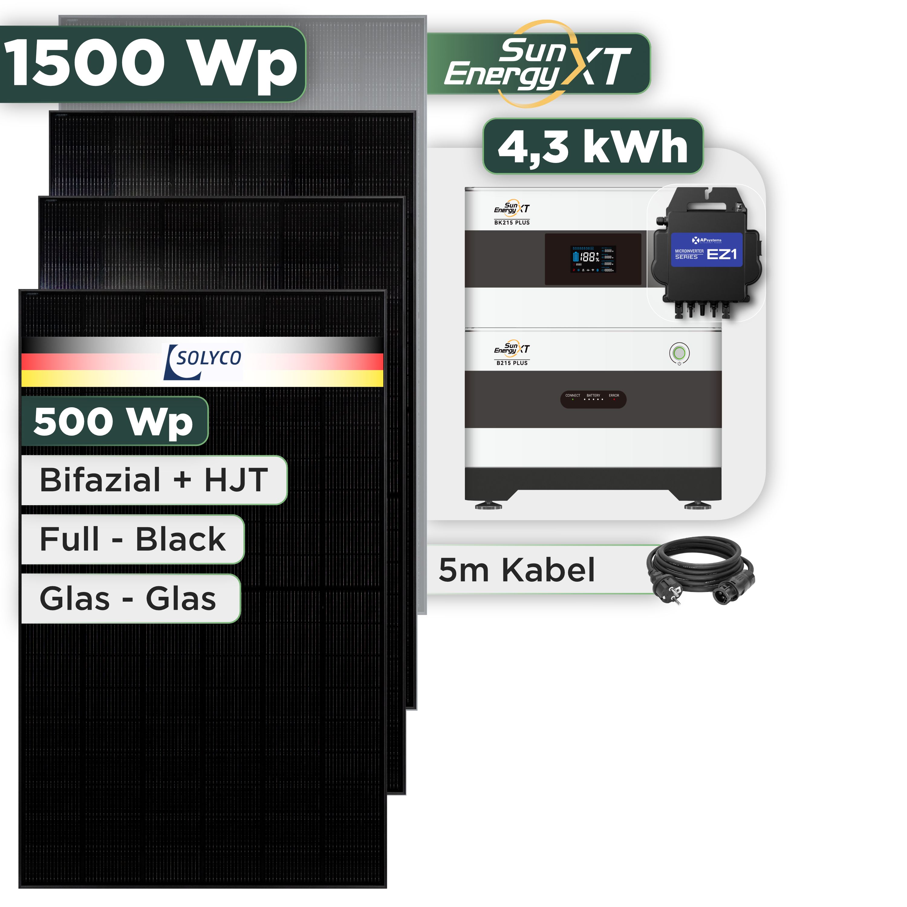 Balkonkraftwerk Set 1500 Wp SunEnergyXT Plus / 4,3 kWh / Solyco 500 Wp Glas-Glas Fullblack-Modul Bifazial / 3 Module / APSystems EZ1-M (bis 800 W) / Schuko Stecker