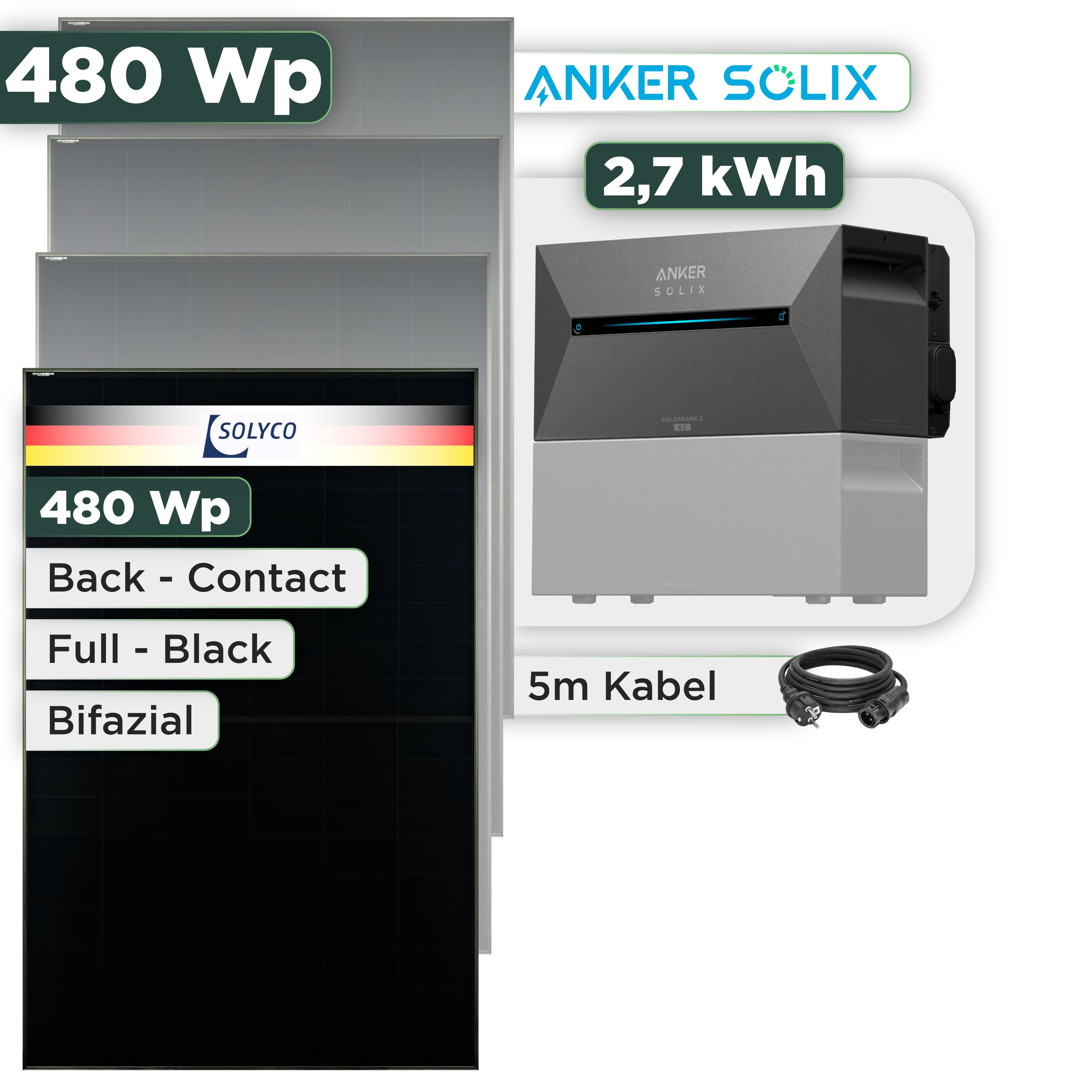 Balkonkraftwerk Set 480 Wp Anker Solarbank 3 Pro / 2,7 kWh / Solyco 480 Wp Glas-Glas Fullblack Back Contact Modul / 1 Modul / Schuko Stecker / 3 m