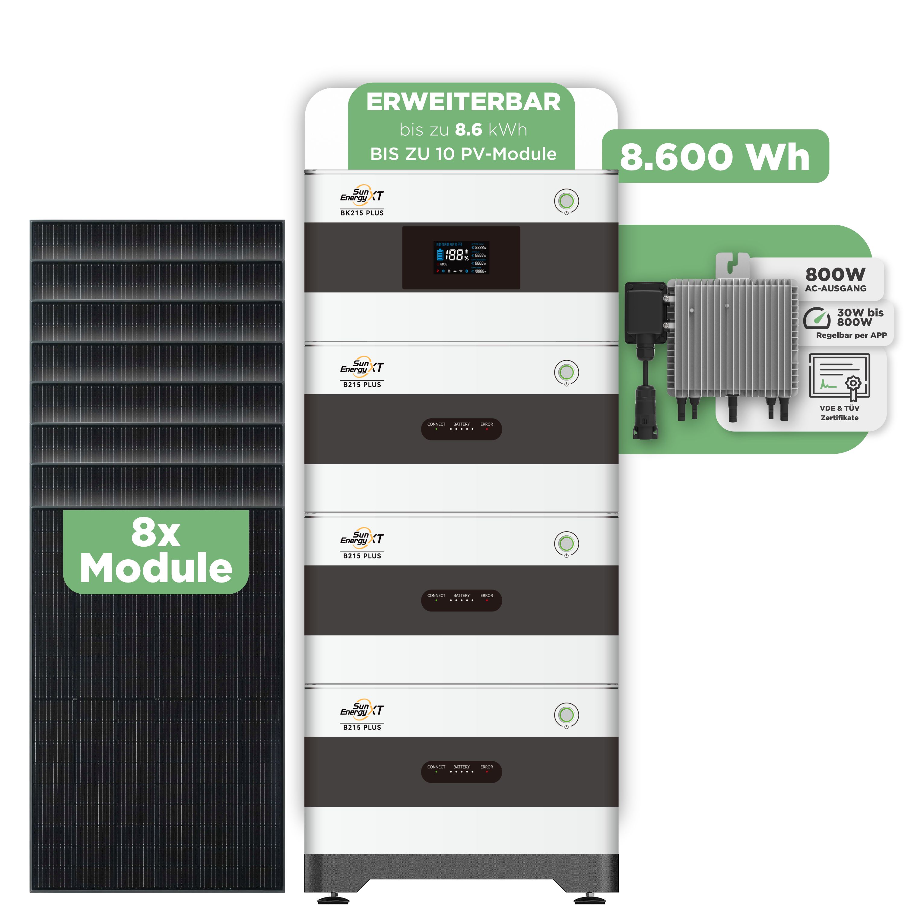 SunEnergyXT Balkonkraftwerkspeicher — 8.600 Wh / 800 W (Deye-SUN-M) / 8 x Trina 440 Wp Bifazial
