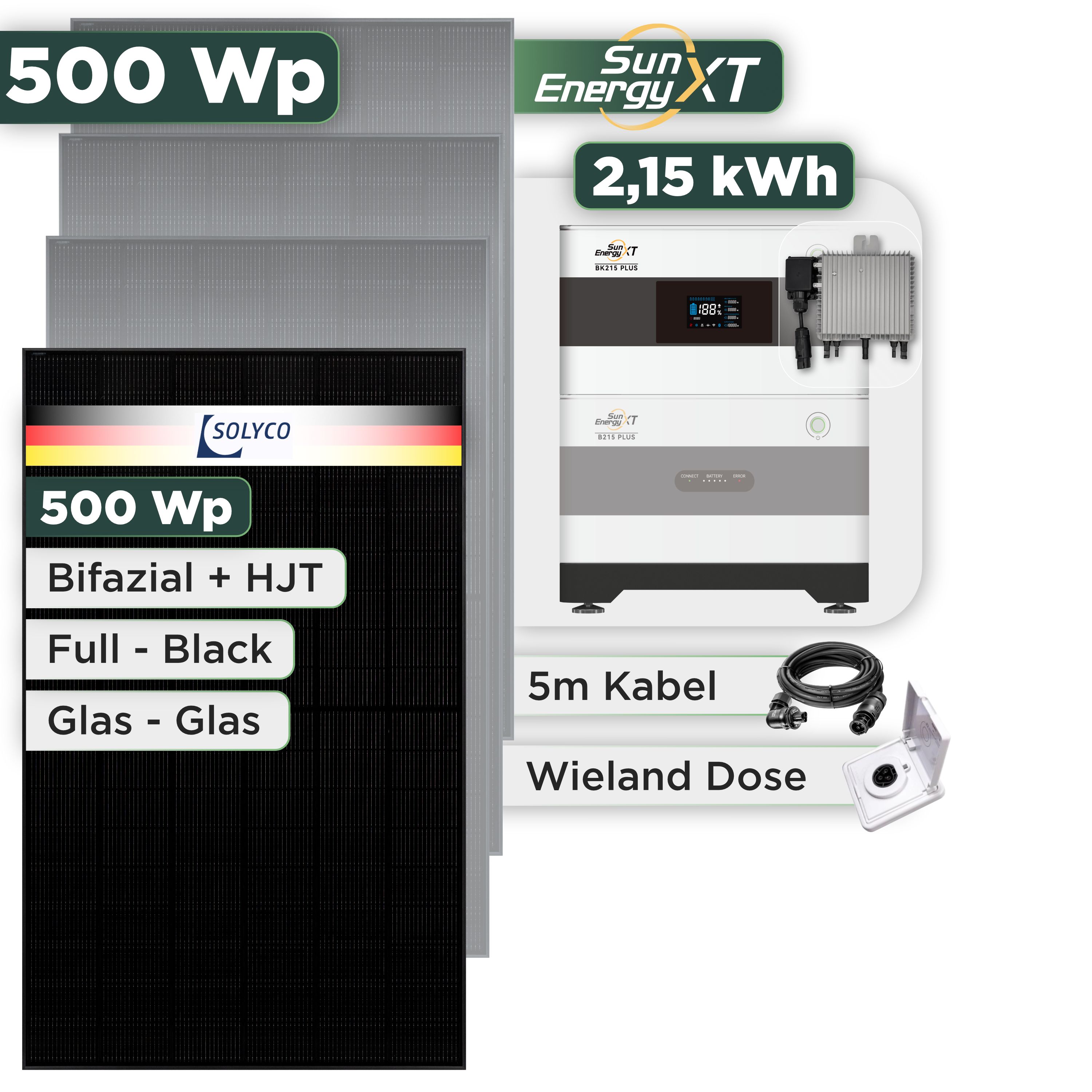 Balkonkraftwerk Set 500 Wp SunEnergyXT Plus / 2,15 kWh / Solyco 500 Wp Glas-Glas Fullblack-Modul Bifazial / 1 Modul / Deye 800 W / Wieland Stecker + Dose