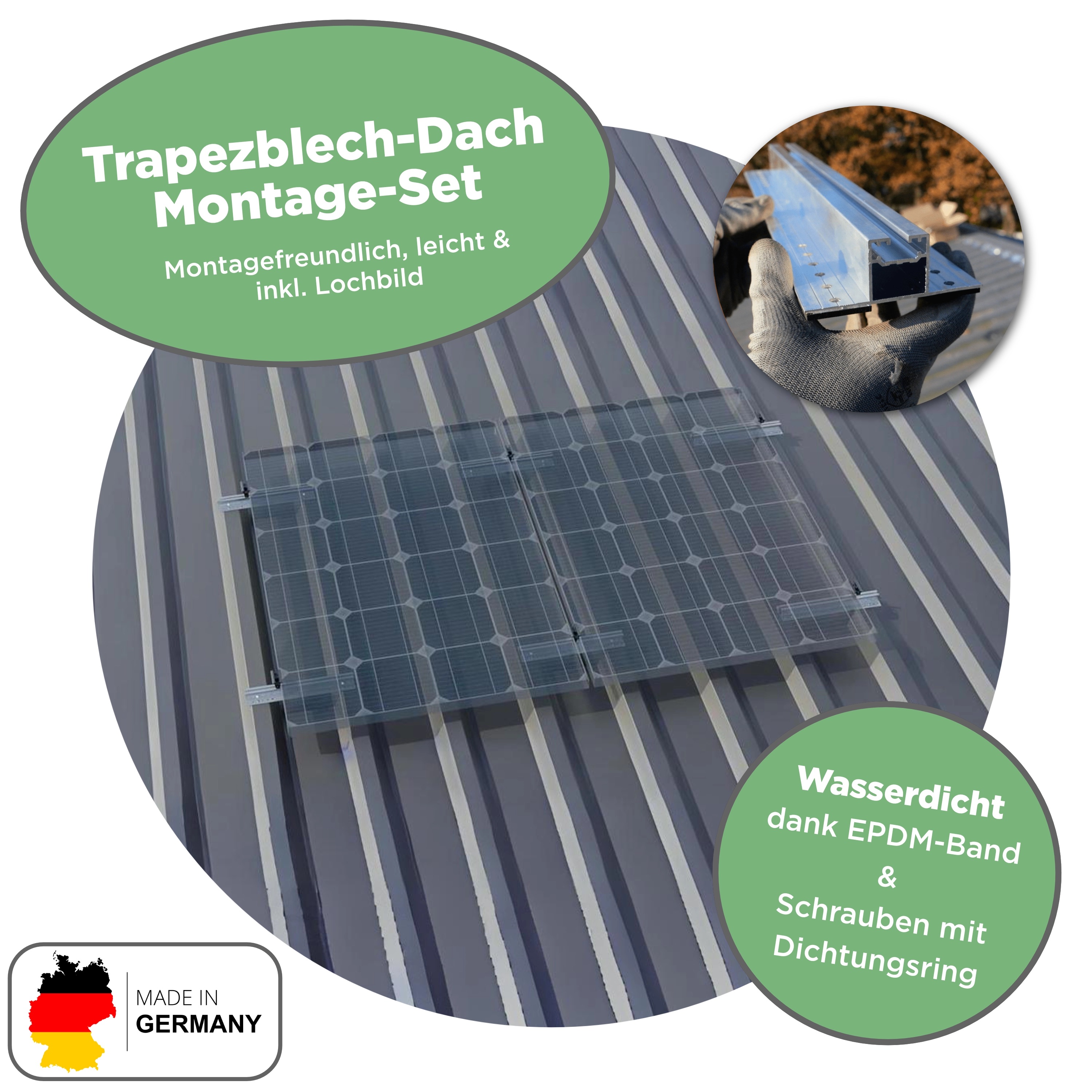 Balkonkraftwerk Trapezblech 1760 Wp — APsystems EZ1-M 800 W / Trina Solar / 440 Wp (Glas-Glas + Bifazial) / Standard Halterung / zwei Reihen quer / 4 Module / 20 m