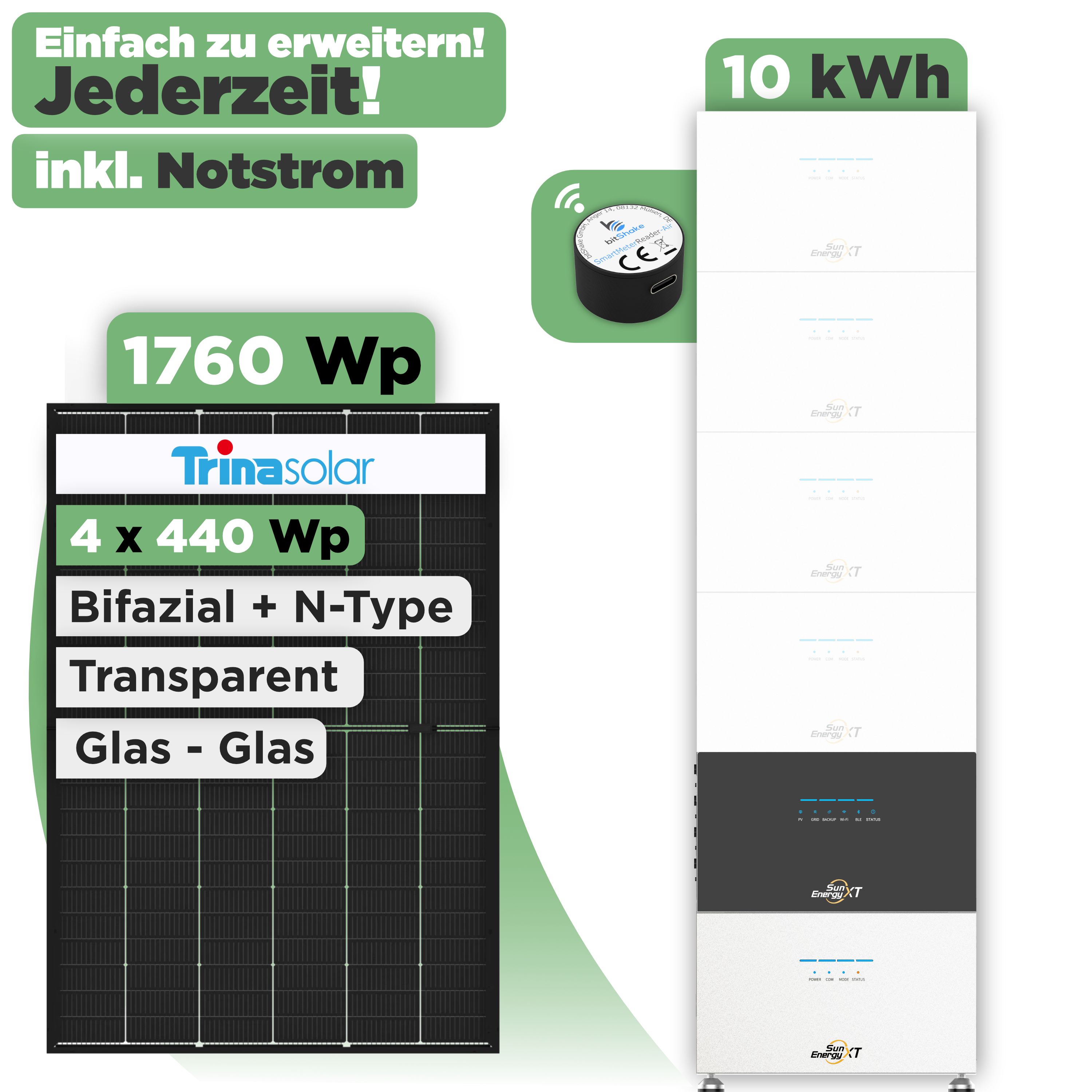 SunEnergyXT 500 Modulset 1760 Wp SunEnergyXT 500 (800 W) / 10 kWh / IR Lesekopf / Trina 440 Wp / 4 Module