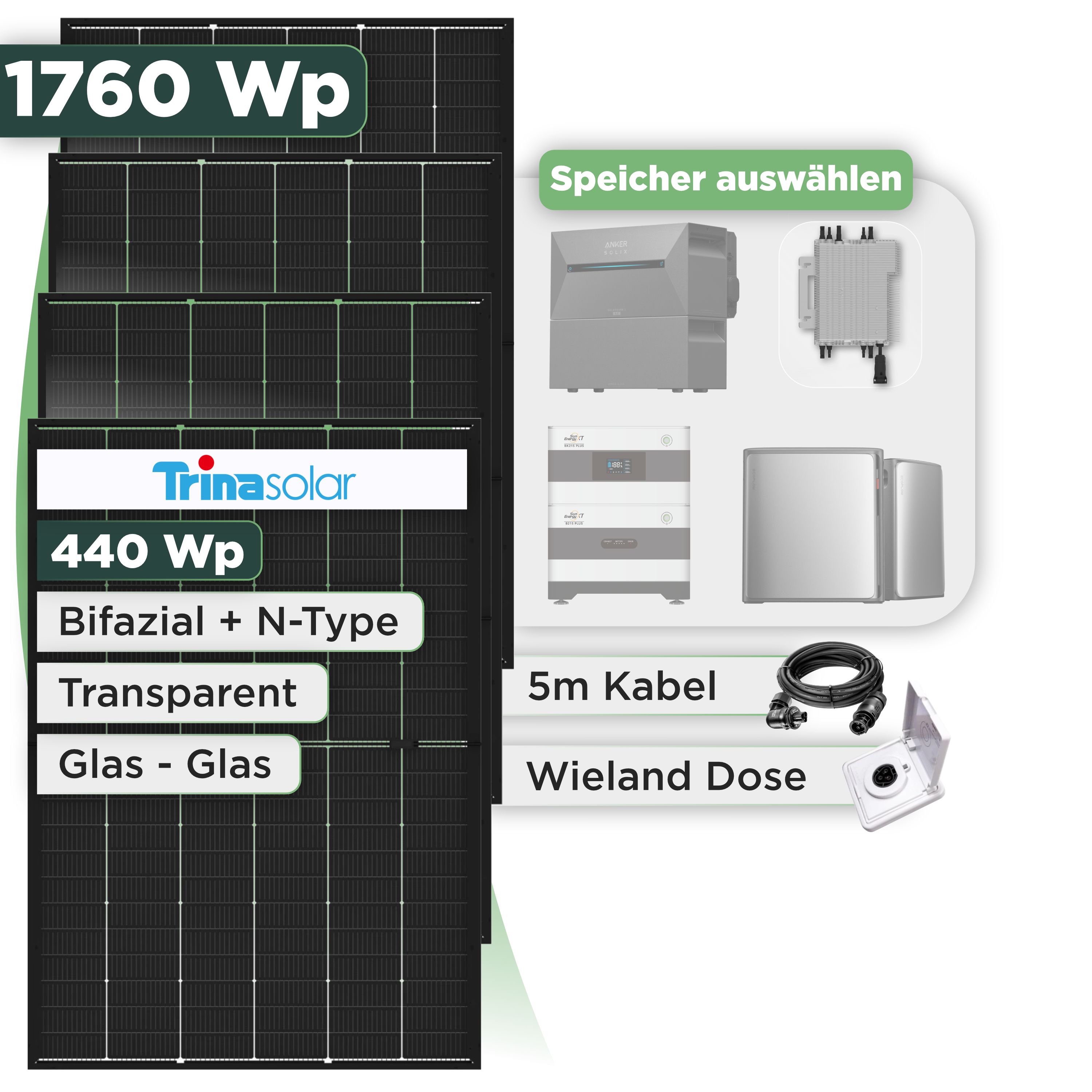 Balkonkraftwerk Set 1760 Wp Trina 440 Wp Glas-Glas Bifazial Modul / 4 Module / Deye 2000 W / Wieland Stecker + Dose