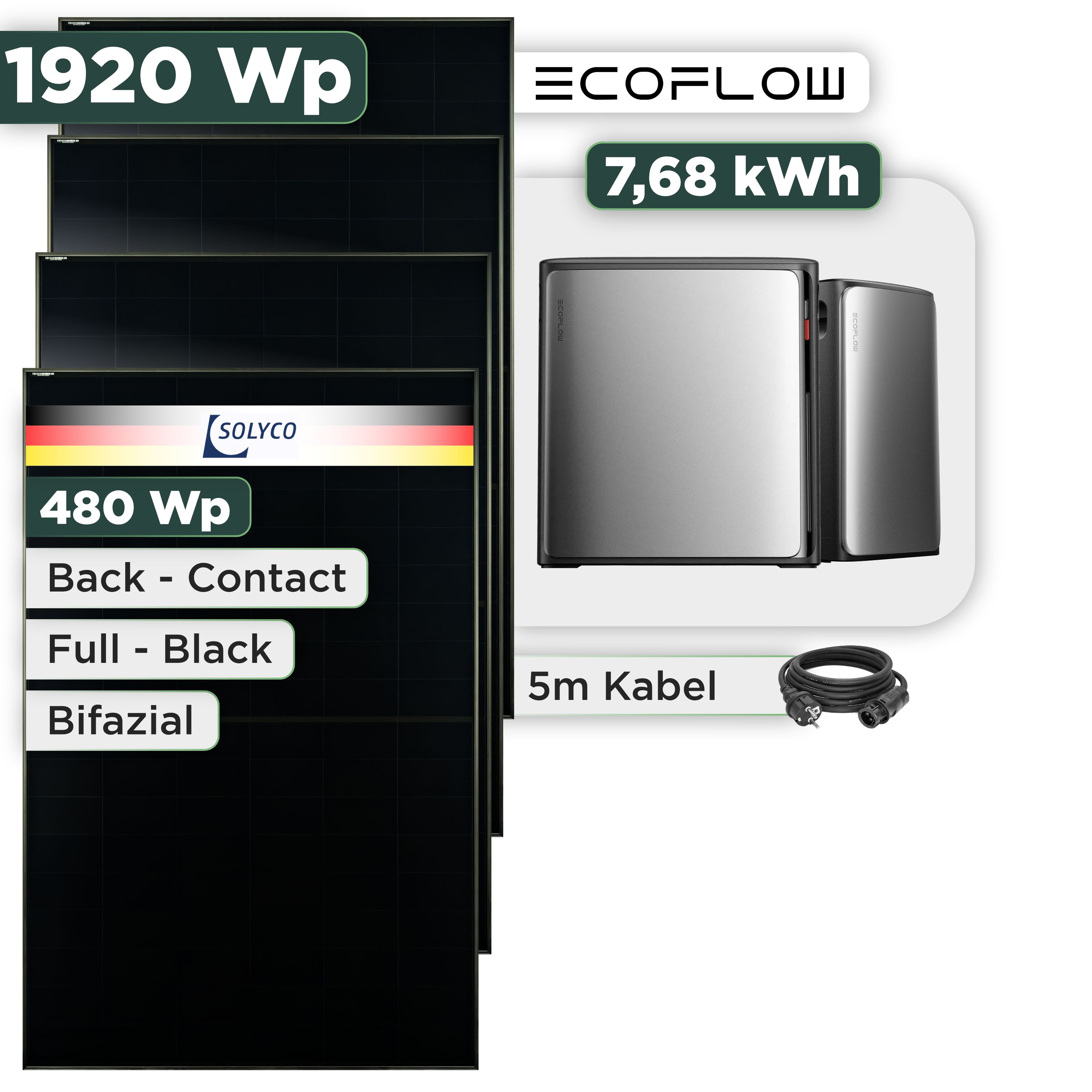 Balkonkraftwerk Set 1920 Wp Ecoflow Stream Ultra X / 7,68 kWh / Solyco 480 Wp Glas-Glas Fullblack Back Contact Modul / 4 Module / Schuko Stecker / 1,5 m