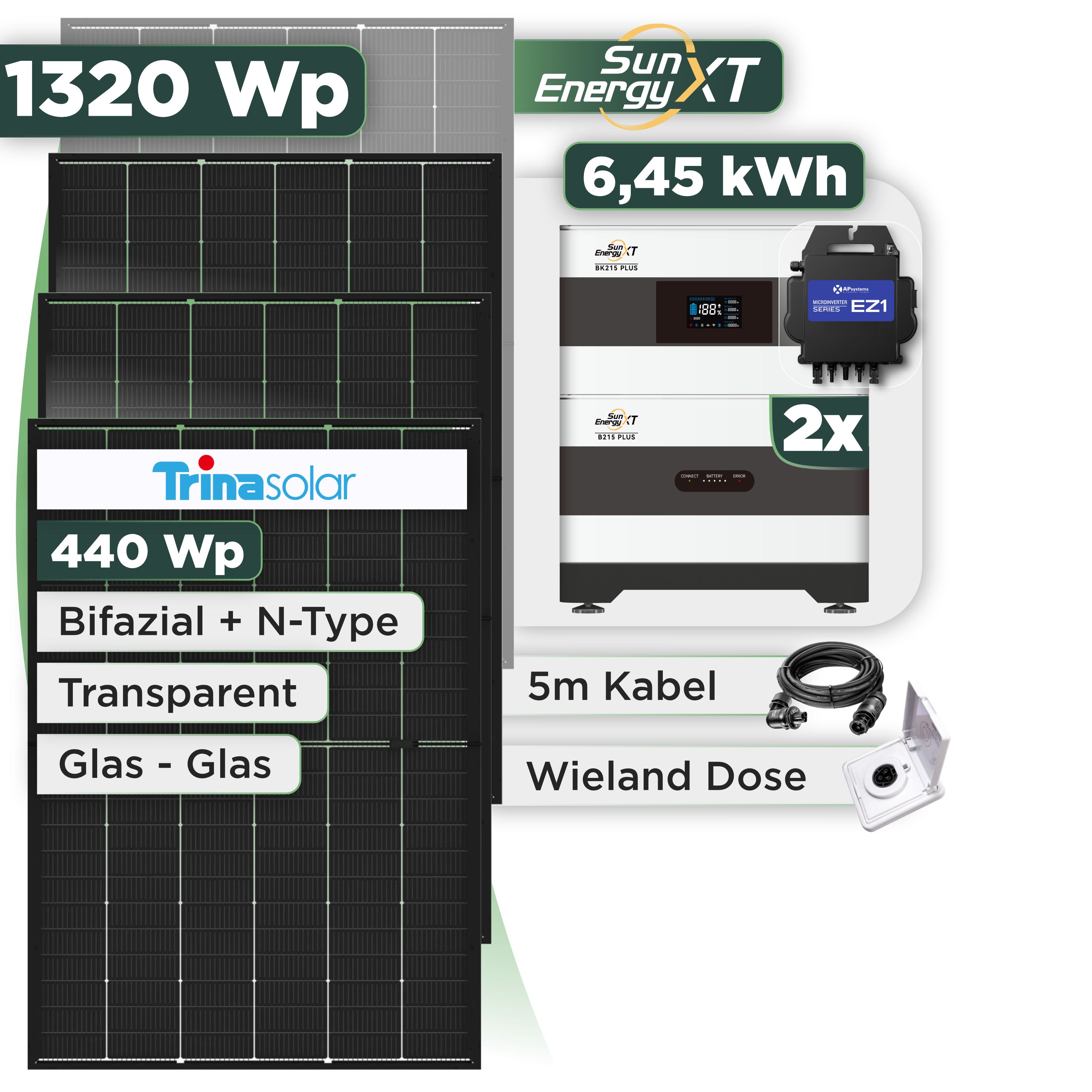 Balkonkraftwerk Set 1320 Wp SunEnergyXT Plus / 6,45 kWh / Trina 440 Wp Glas-Glas Bifazial Modul / 3 Module / APSystems EZ1-M (bis 800 W) / Wieland Stecker + Dose
