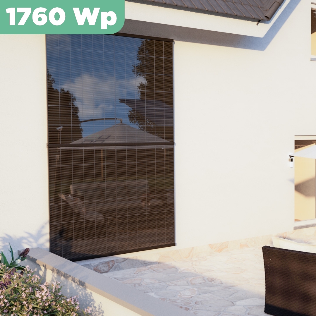 Balkonkraftwerk Wand 1760 Wp — APsystems EZ1-M 800 W / Trina Solar / 440 Wp (Glas-Glas + Bifazial) / zwei Reihen hochkant / 4 Module / 20 m