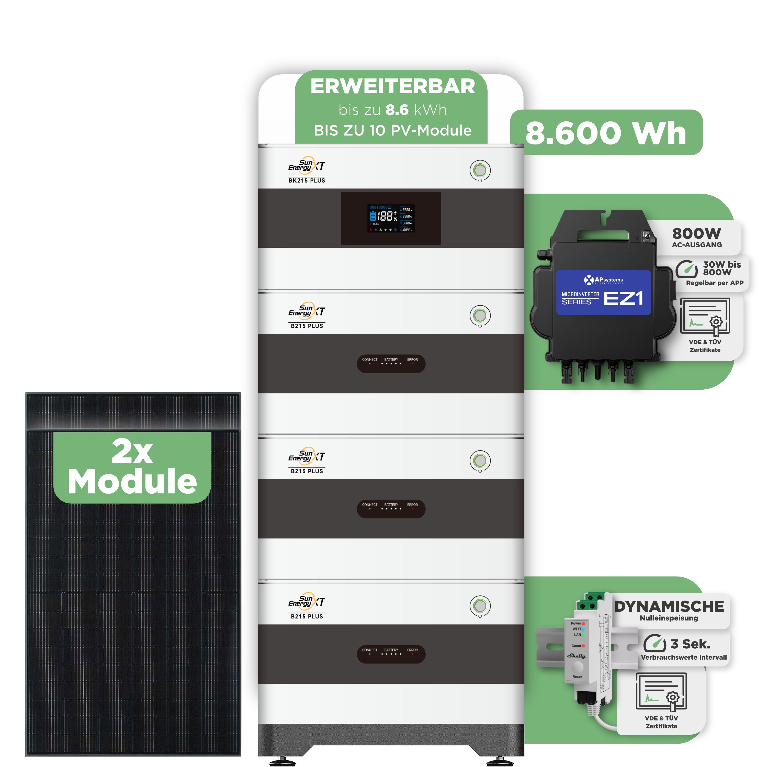 SunEnergyXT BK215 Plus Balkonkraftwerkspeicher 8.600 Wh / mit Shelly 3EM Pro / 800 W (Apsystems EZ1-M)