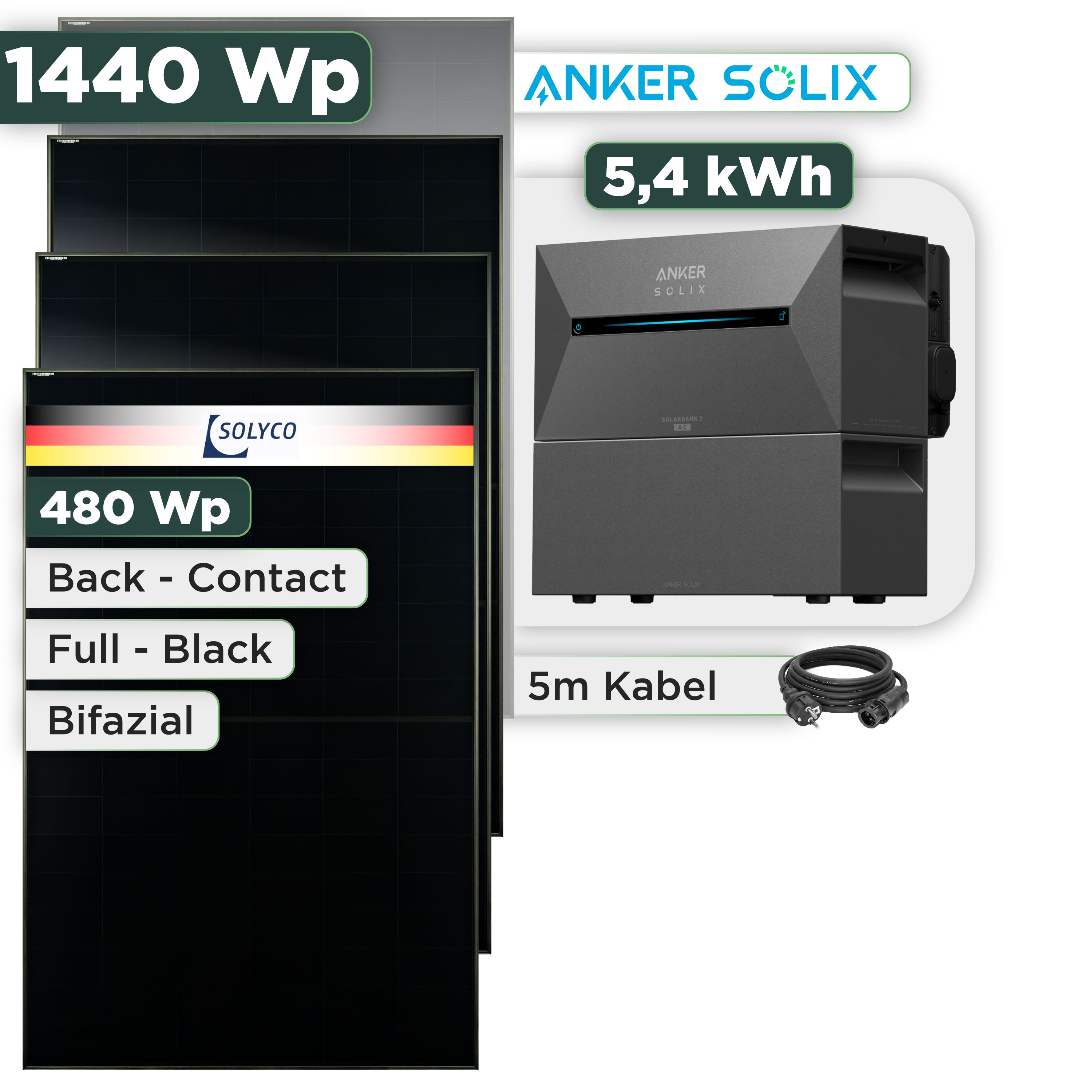 Balkonkraftwerk Set 1440 Wp Anker Solarbank 3 Pro / 5,4 kWh / Solyco 480 Wp Glas-Glas Fullblack Back Contact Modul / 3 Module / Schuko Stecker / 3 m