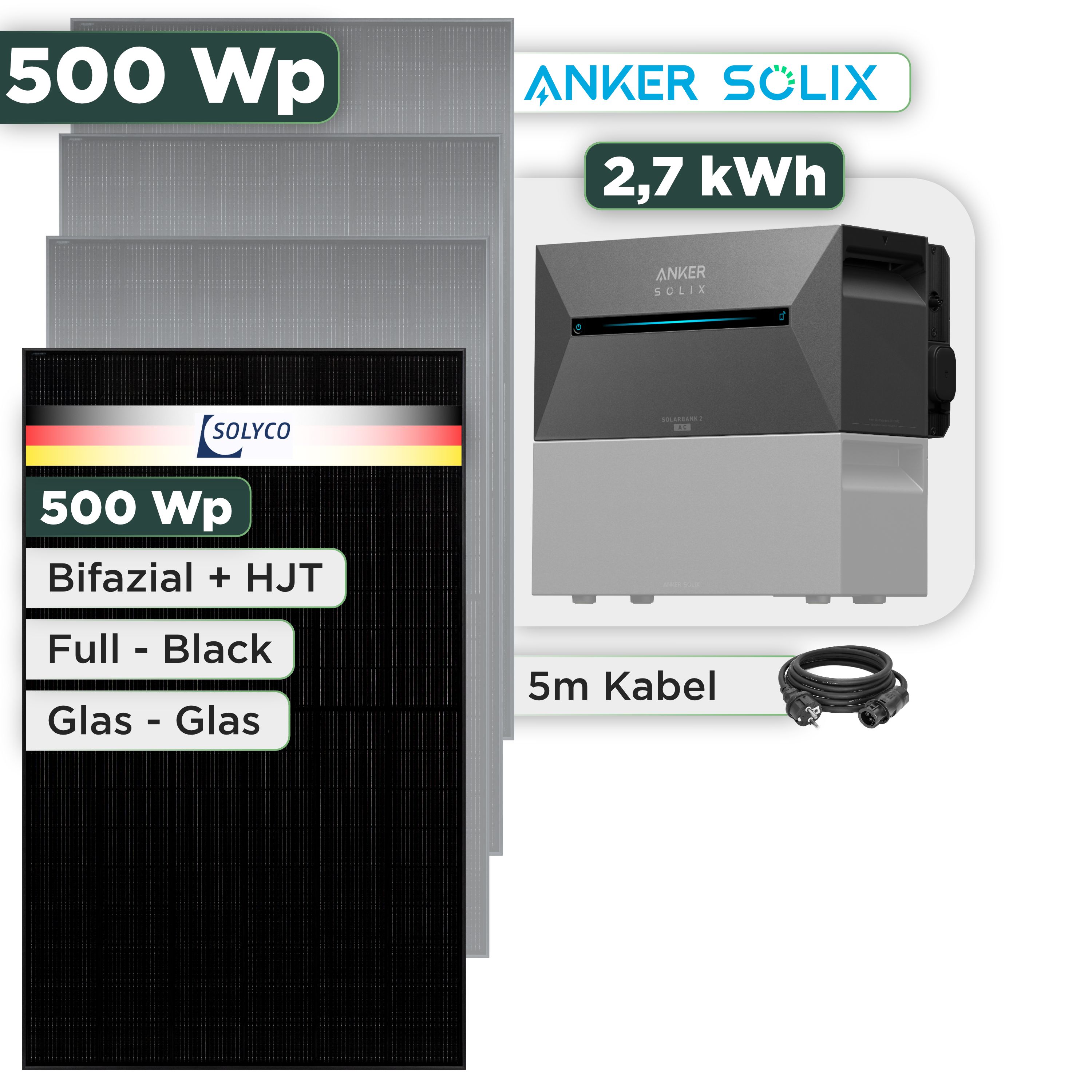 Balkonkraftwerk Set 500 Wp Anker Solarbank 3 Pro / 2,7 kWh / Solyco 500 Wp Glas-Glas Fullblack-Modul Bifazial / 1 Modul / Schuko Stecker / 3 m