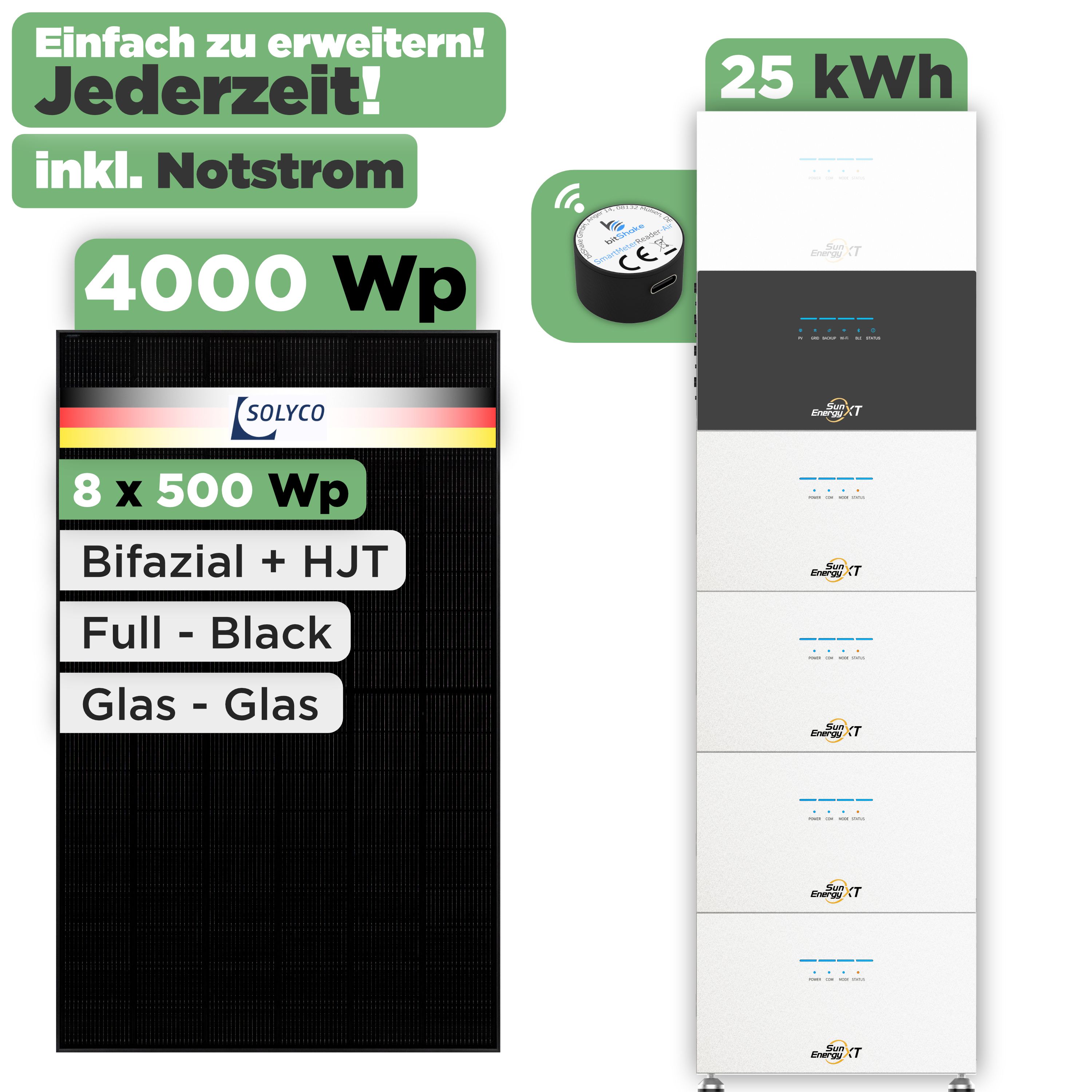 SunEnergyXT 500 Modulset 4000 Wp SunEnergyXT 500 (800 W) / 25 kWh / IR Lesekopf / Solyco 500 Wp / 8 Module