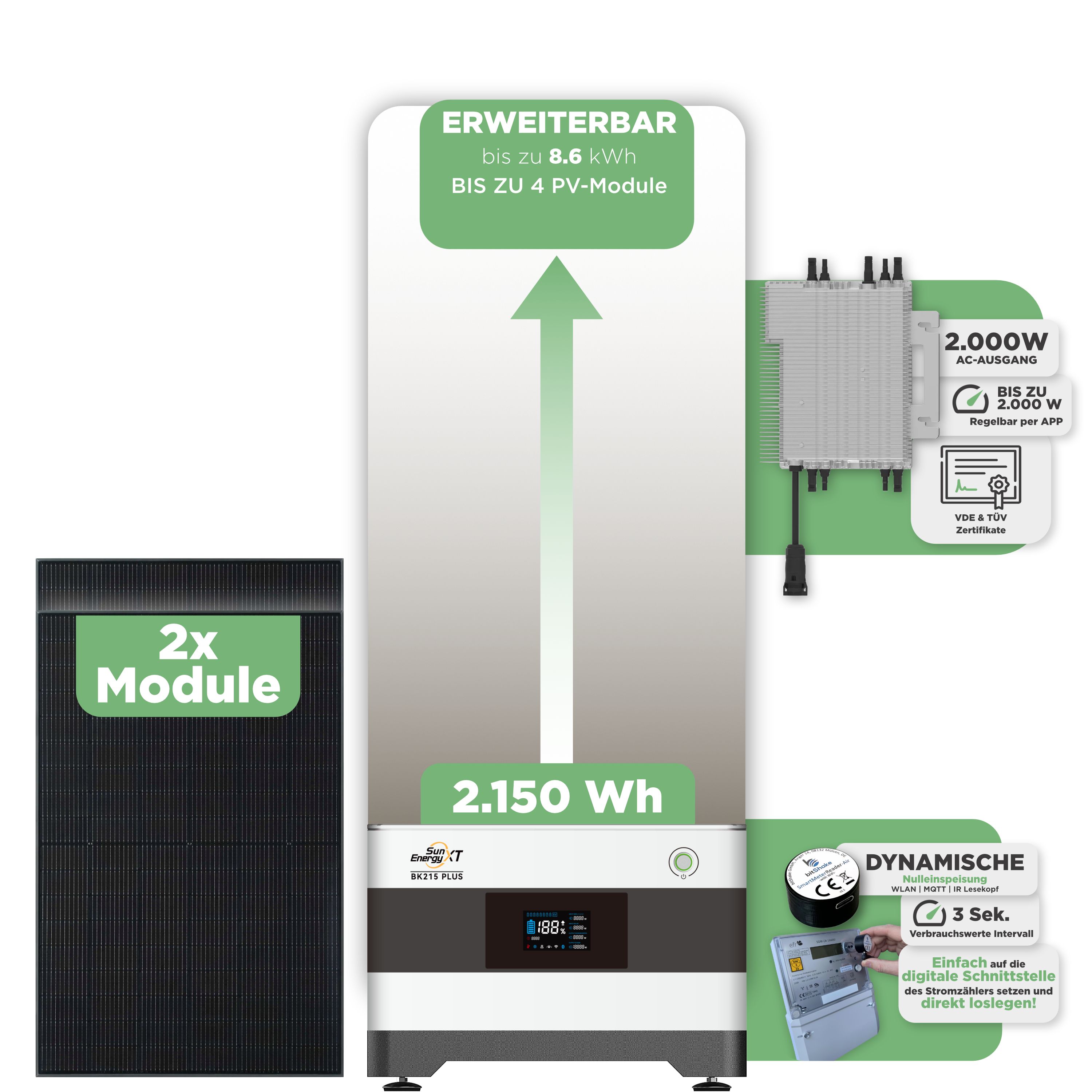 SunEnergyXT BK215 Plus Balkonkraftwerkspeicher 2.150 Wh / mit IR Lesekopf (bitshake) / 2000 W (Deye-SUN-M)