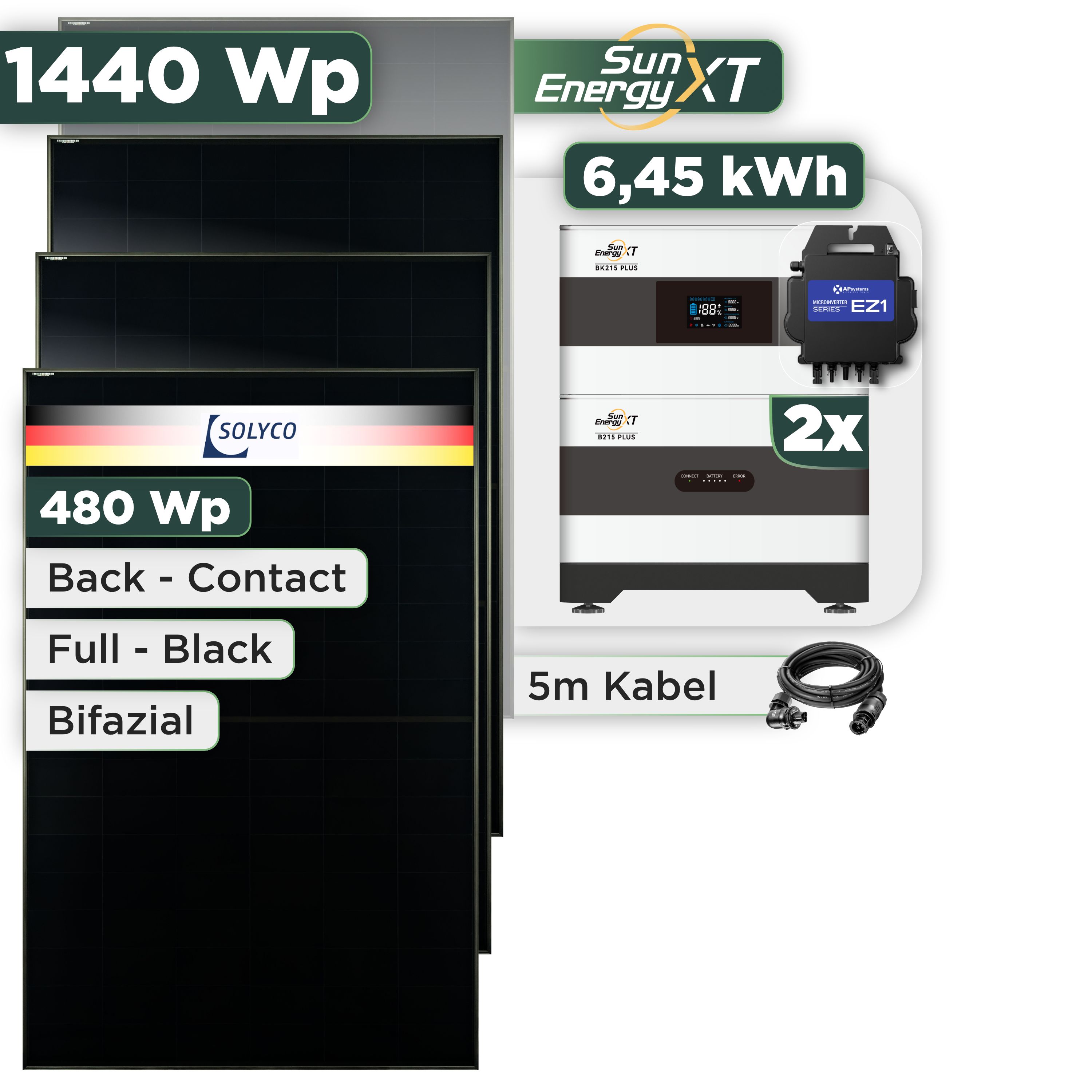 Balkonkraftwerk Set 1440 Wp SunEnergyXT Plus / 6,45 kWh / Solyco 480 Wp Glas-Glas Fullblack Back Contact Modul / 3 Module / APSystems EZ1-M (bis 800 W) / Wieland Stecker