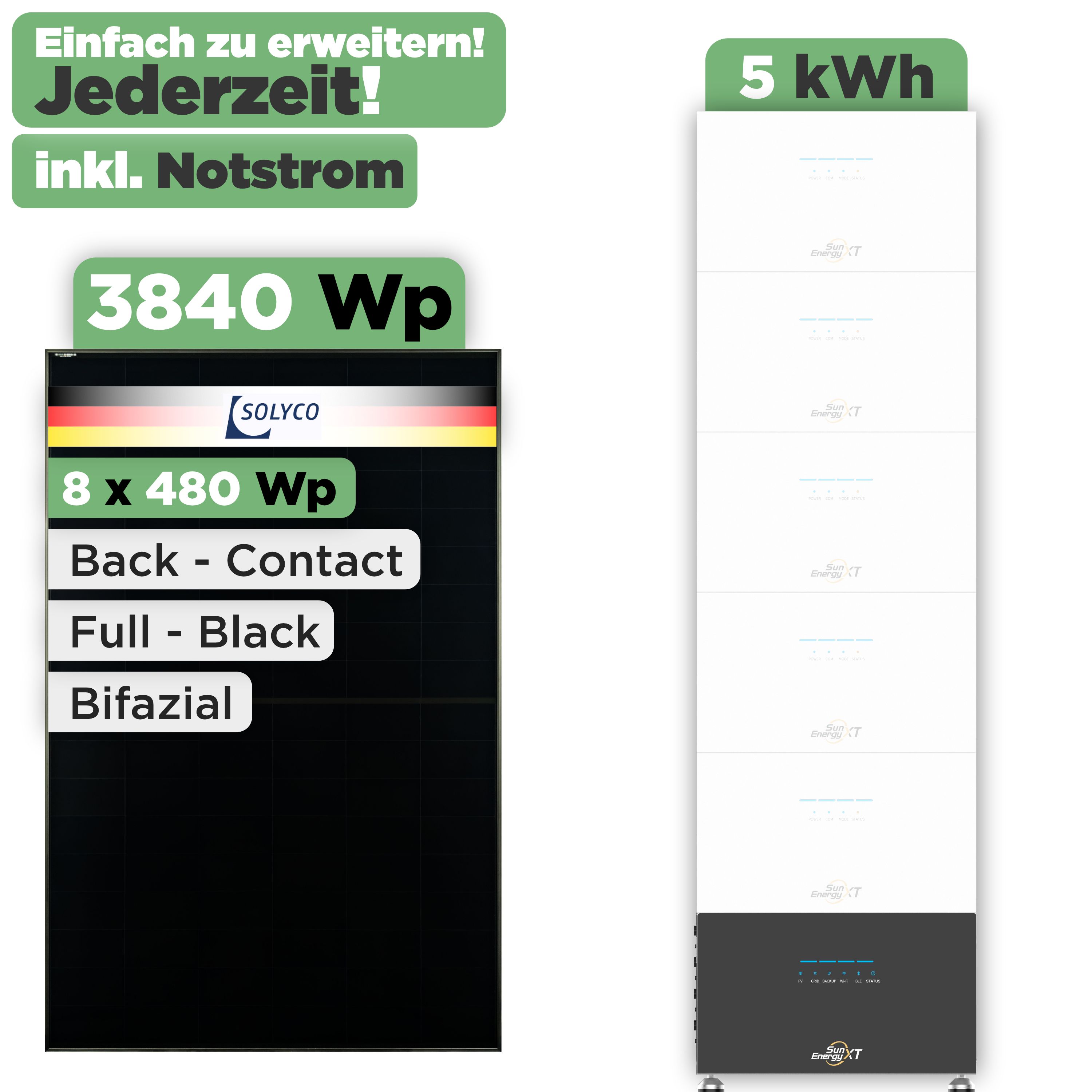 SunEnergyXT 500 Modulset 3840 Wp SunEnergyXT 500 (800 W) / 5 kWh / Solyco 480 Wp / 8 Module