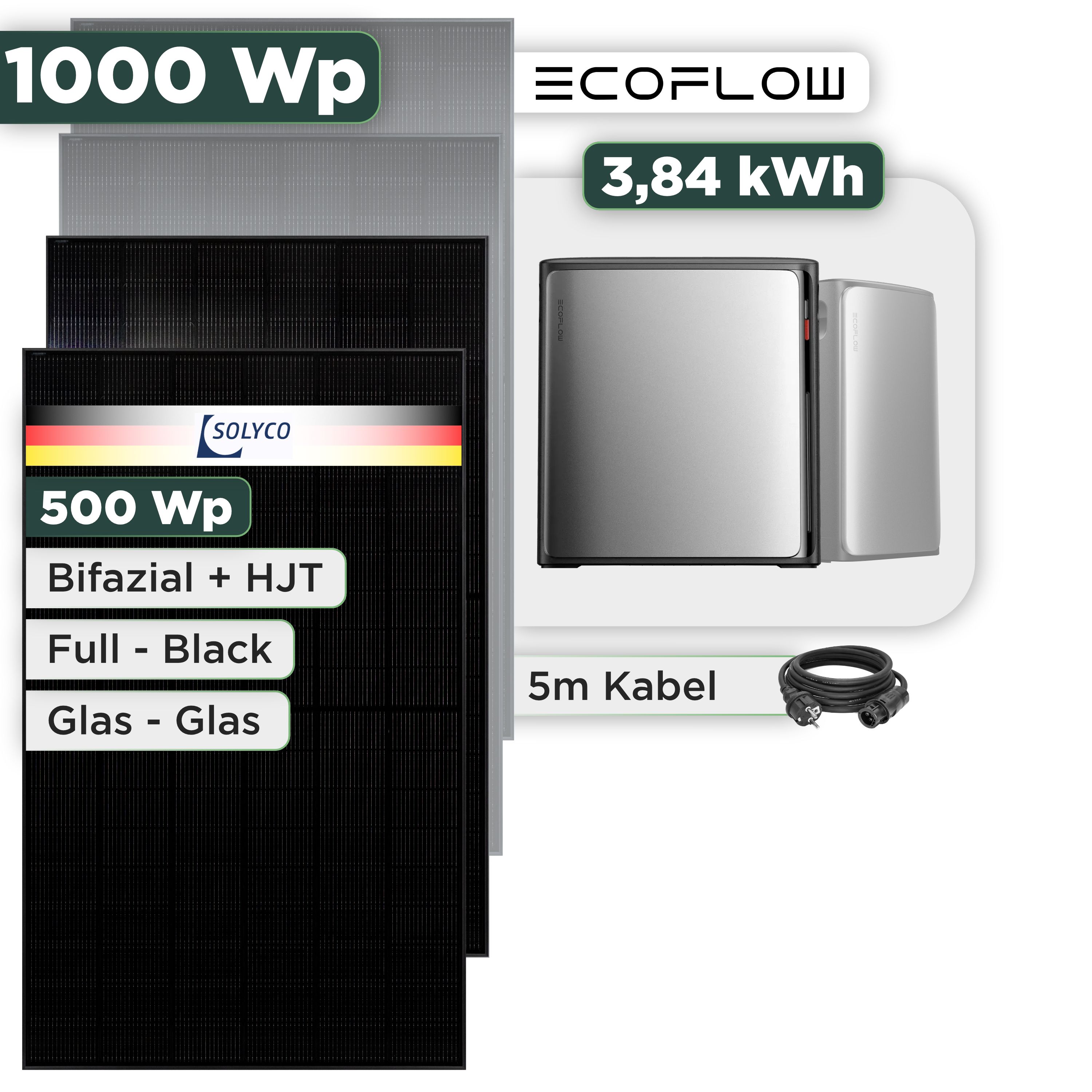 Balkonkraftwerk Set 1000 Wp Ecoflow Stream Ultra X / 3,84 kWh / Solyco 500 Wp Glas-Glas Fullblack-Modul Bifazial / 2 Module / Schuko Stecker / 1,5 m