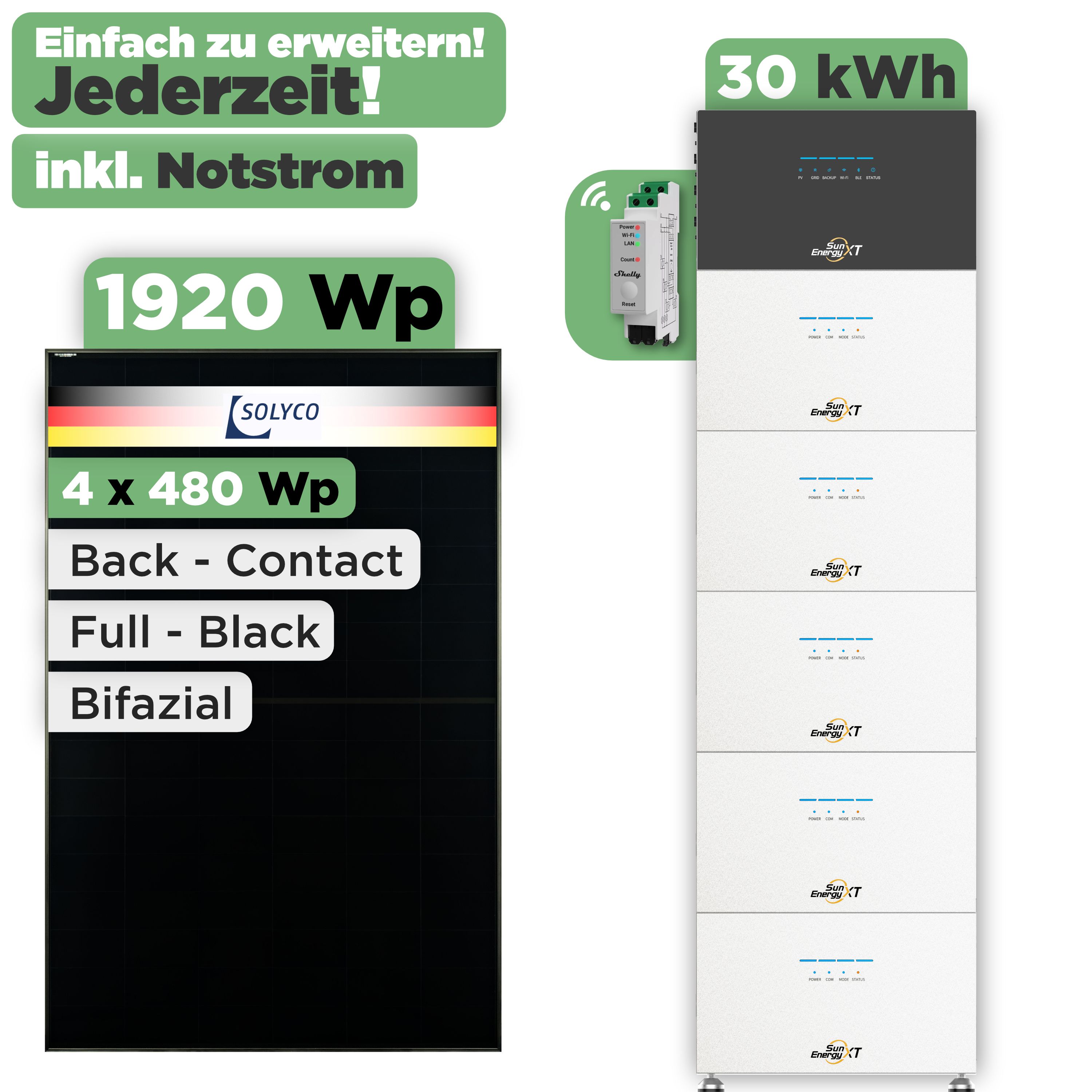 SunEnergyXT 500 Modulset 1920 Wp SunEnergyXT 500 Pro (2400 W) / 30 kWh / Shelly 3EM Pro / Solyco 480 Wp / 4 Module