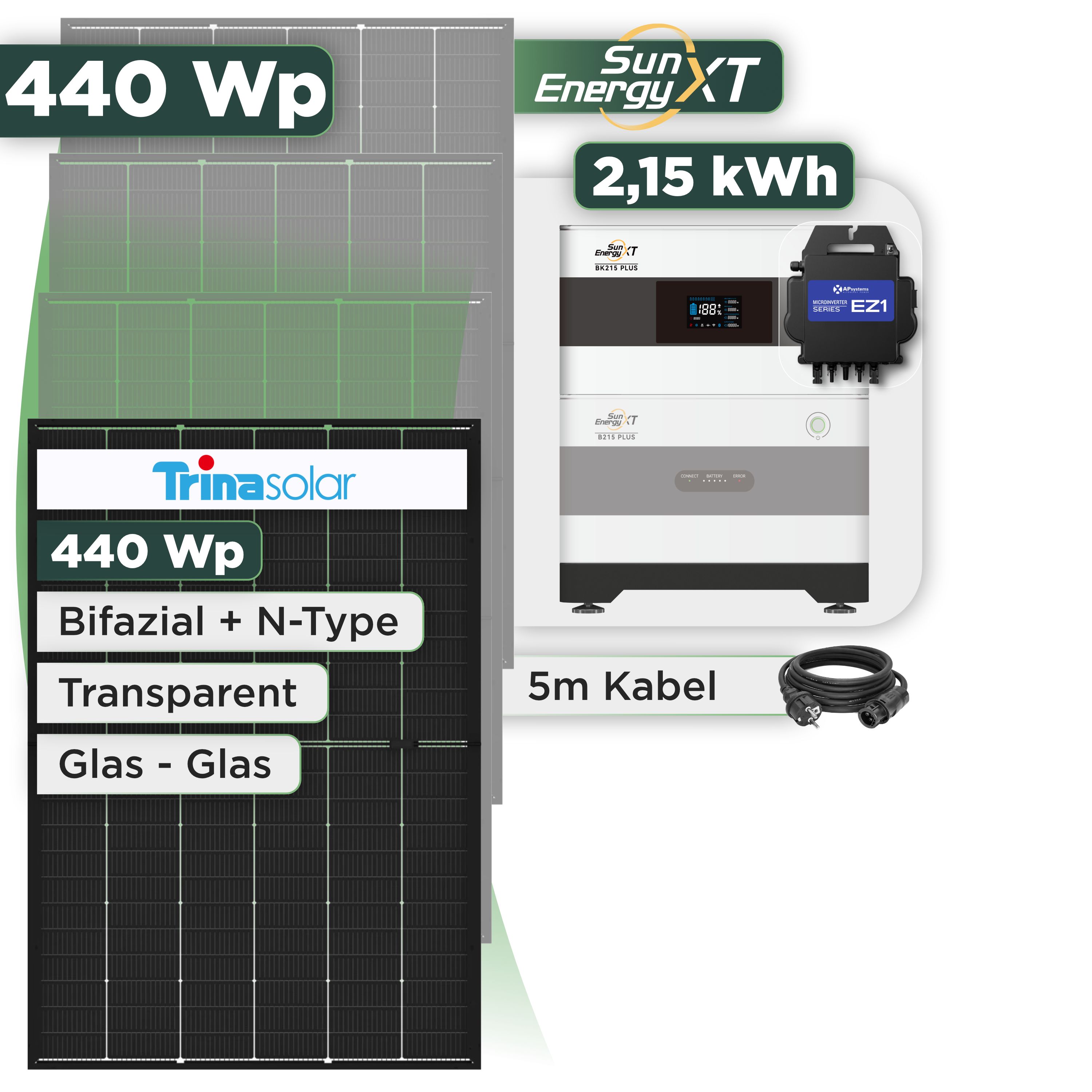 Balkonkraftwerk Set 440 Wp SunEnergyXT Plus / 2,15 kWh / Trina 440 Wp Glas-Glas Bifazial Modul / 1 Modul / APSystems EZ1-M (bis 800 W) / Schuko Stecker