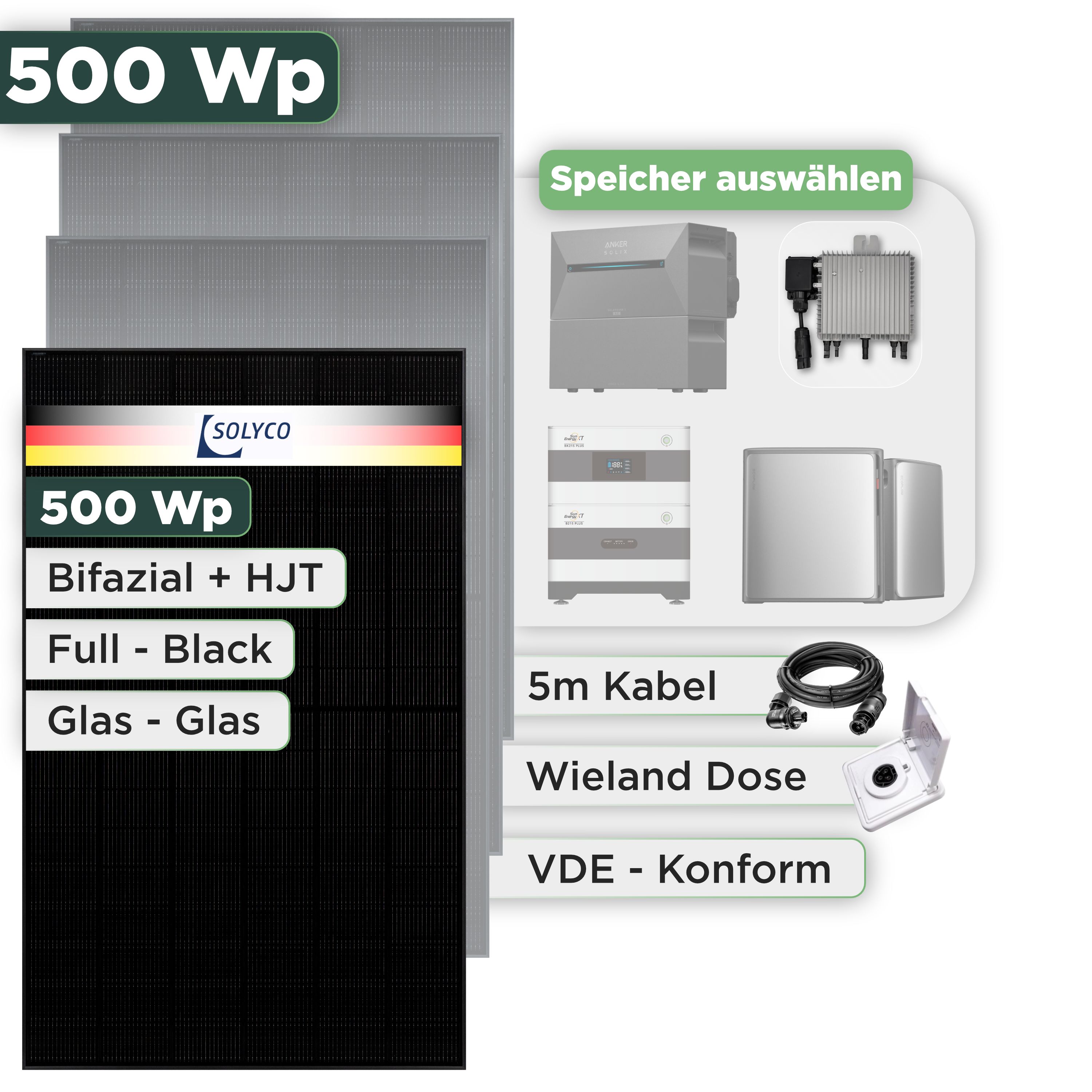 Balkonkraftwerk Set 500 Wp Solyco 500 Wp Glas-Glas Fullblack-Modul Bifazial / 1 Modul / Deye 800 W / Wieland Stecker + Dose
