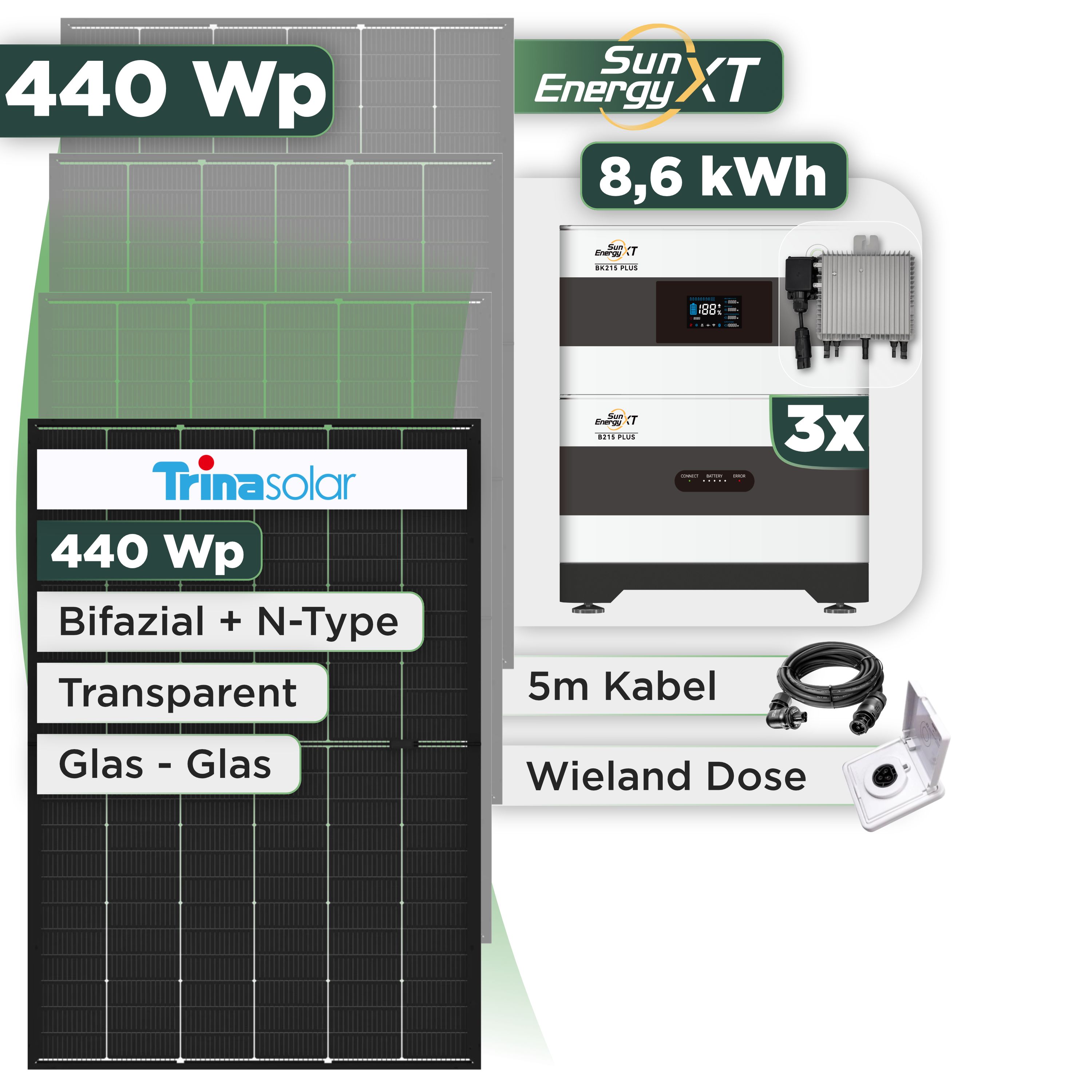 Balkonkraftwerk Set 440 Wp SunEnergyXT Plus / 8,6 kWh / Trina 440 Wp Glas-Glas Bifazial Modul / 1 Modul / Deye 800 W / Wieland Stecker + Dose