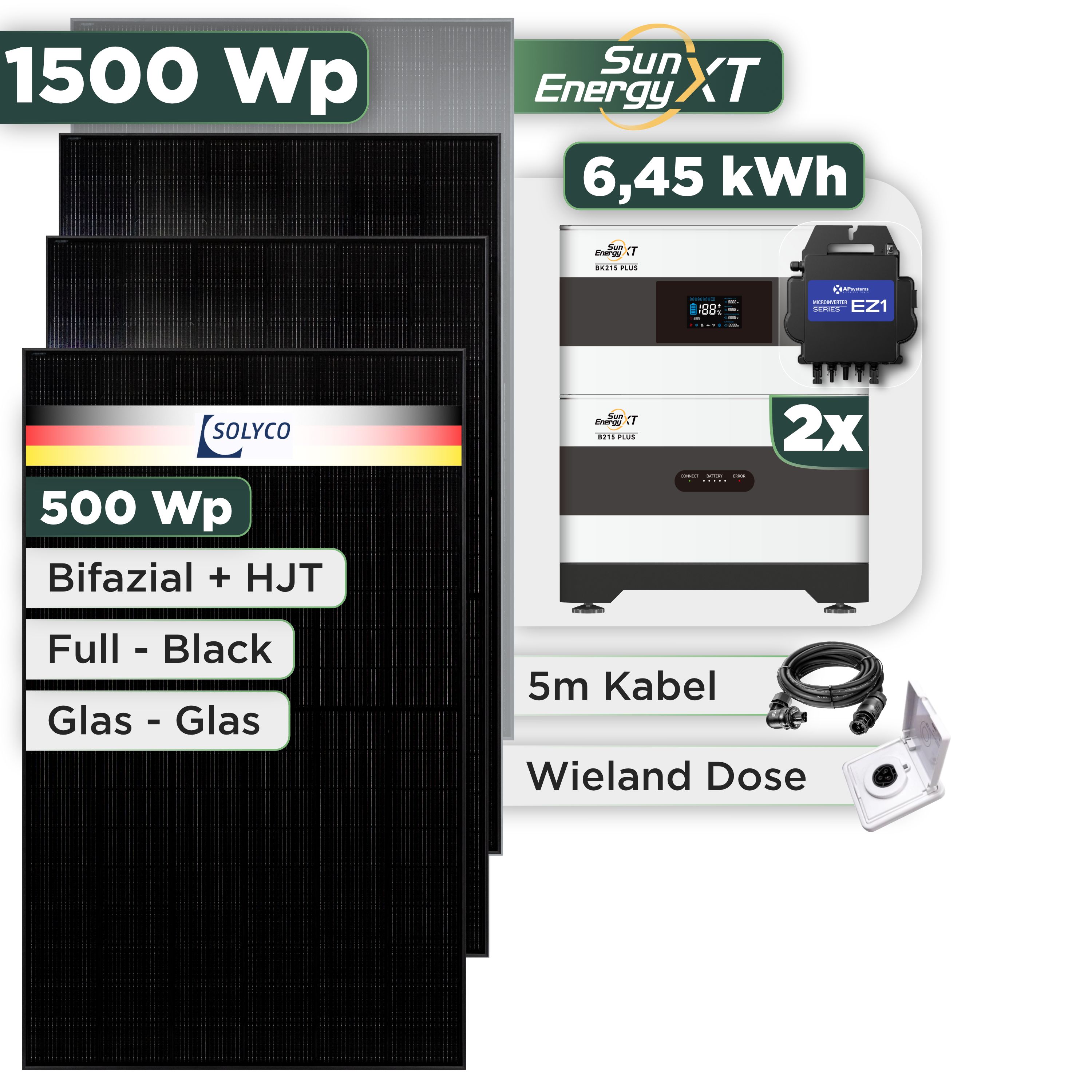 Balkonkraftwerk Set 1500 Wp SunEnergyXT Plus / 6,45 kWh / Solyco 500 Wp Glas-Glas Fullblack-Modul Bifazial / 3 Module / APSystems EZ1-M (bis 800 W) / Wieland Stecker + Dose