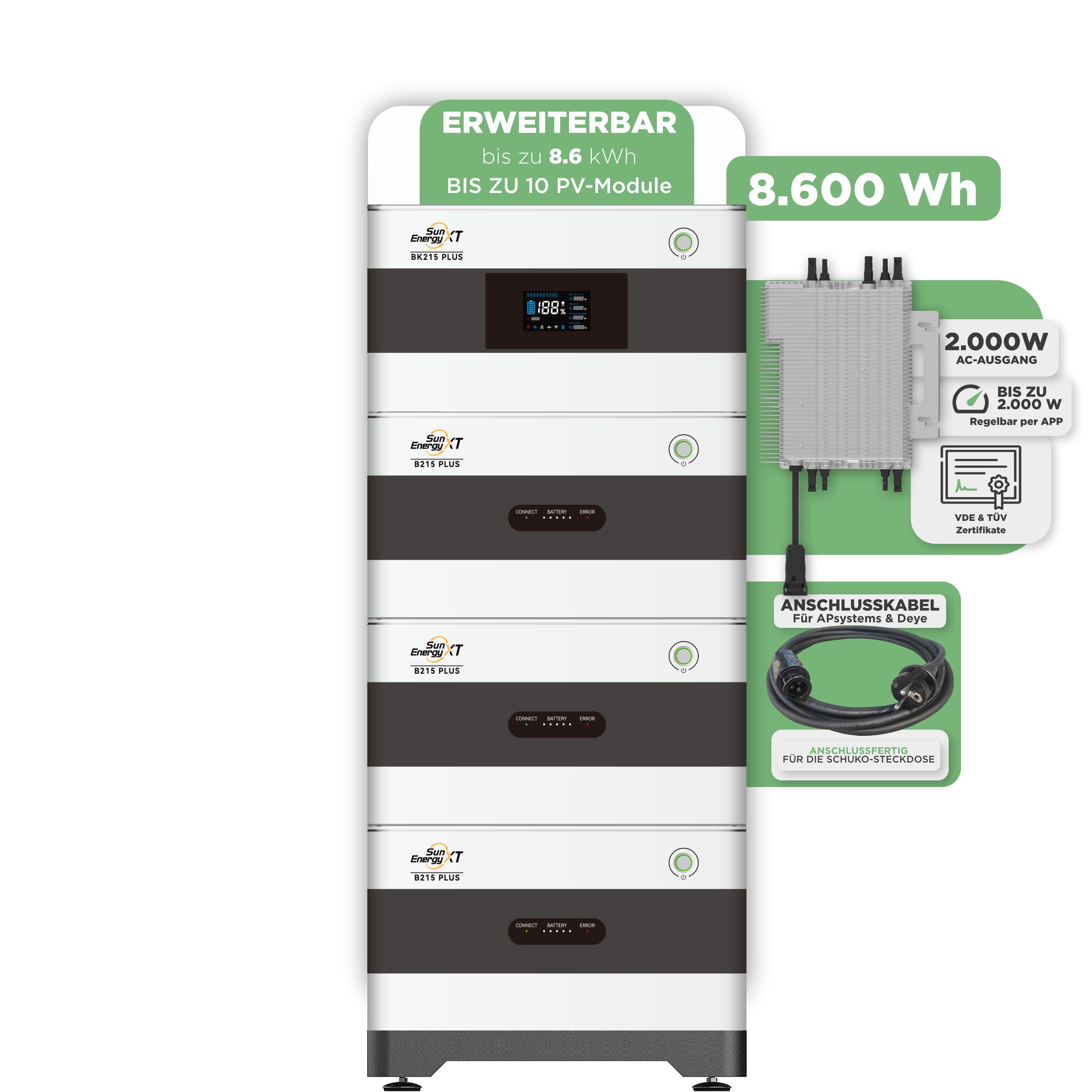 SunEnergyXT Balkonkraftwerkspeicher — 8.600 Wh / 2000 W (Deye-SUN-M) / 5 m Schuko Kabel