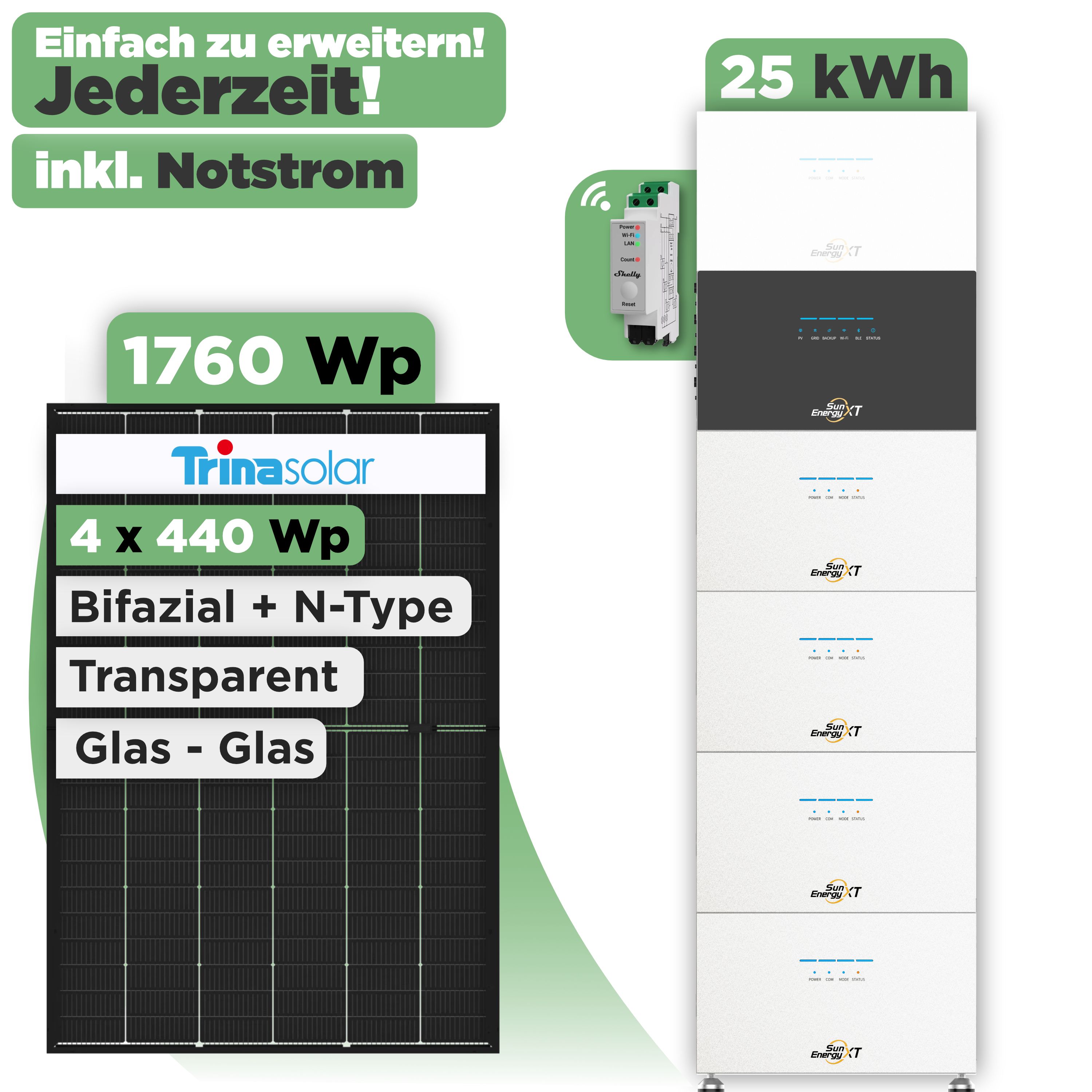 SunEnergyXT 500 Modulset 1760 Wp SunEnergyXT 500 (800 W) / 25 kWh / Shelly 3EM Pro / Trina 440 Wp / 4 Module