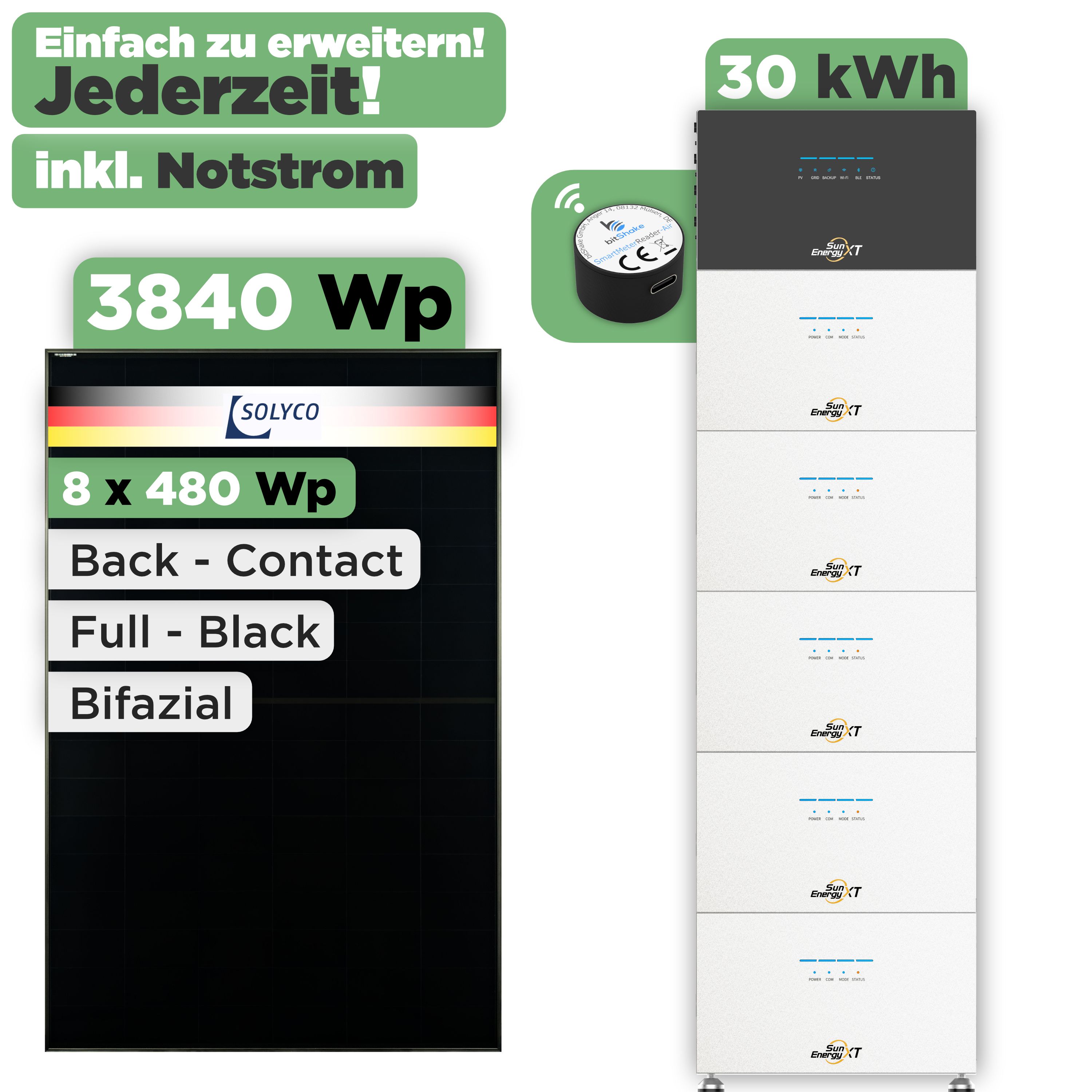 SunEnergyXT 500 Modulset 3840 Wp SunEnergyXT 500 (800 W) / 30 kWh / IR Lesekopf / Solyco 480 Wp / 8 Module
