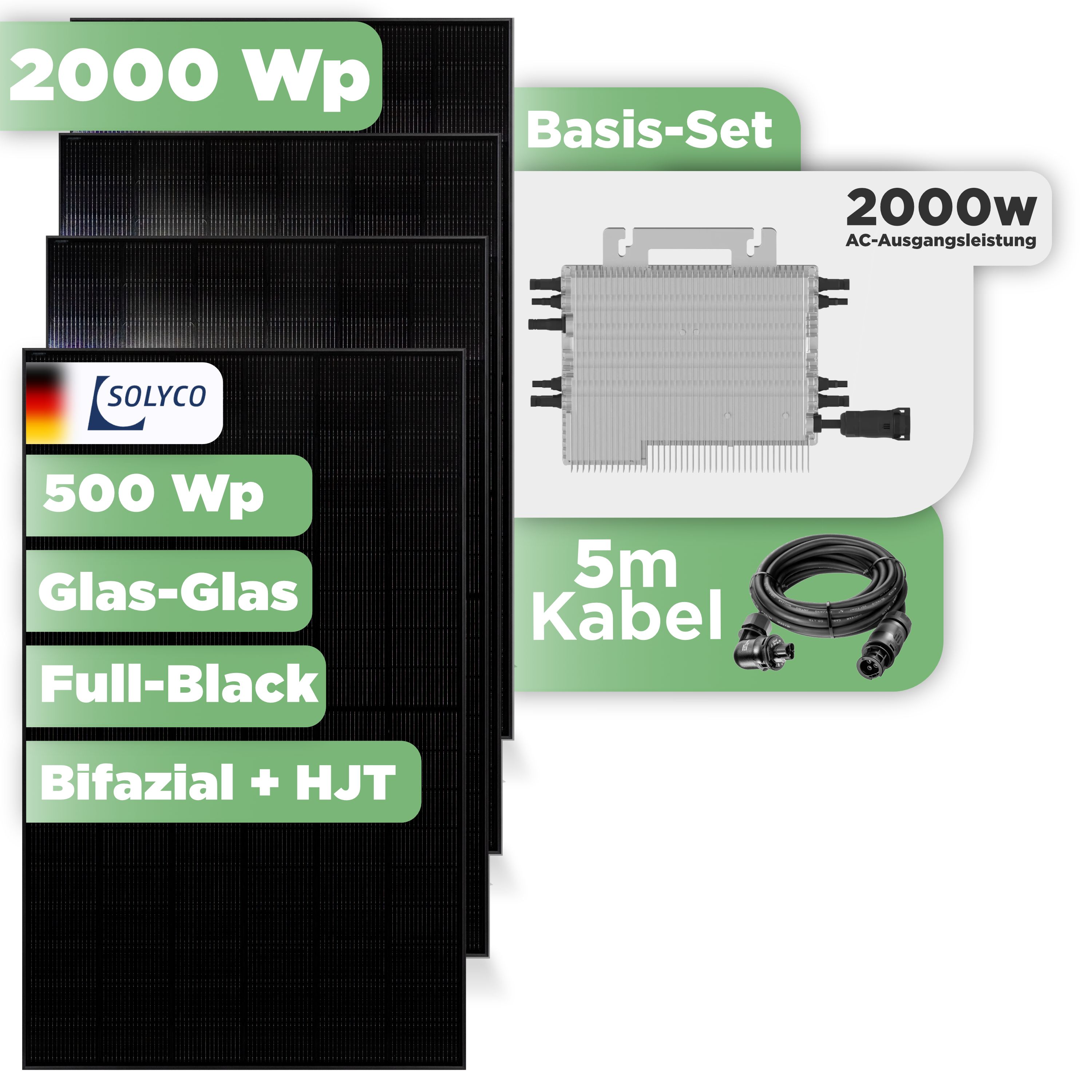 Balkonkraftwerk Basic Set 2000 Wp Solyco 500 Wp Glas-Glas Fullblack-Modul Bifazial / 4 Module / Deye 2000 W / Wieland Stecker