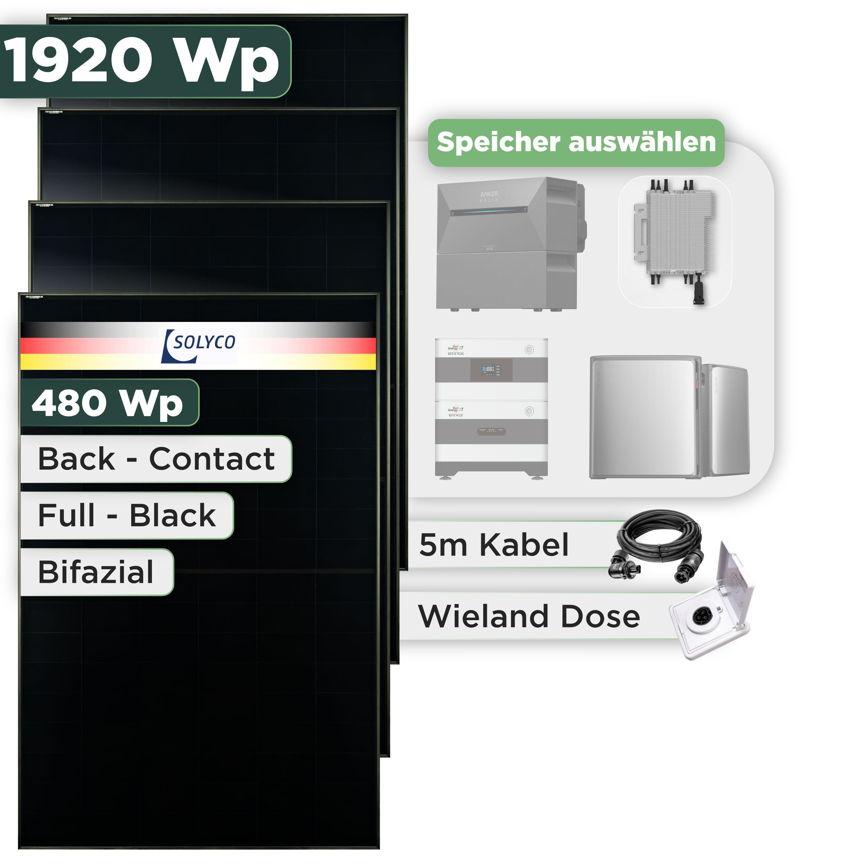 Balkonkraftwerk Set 1920 Wp Solyco 480 Wp Glas-Glas Fullblack Back Contact Modul / 4 Module / Deye 2000 W / Wieland Stecker + Dose