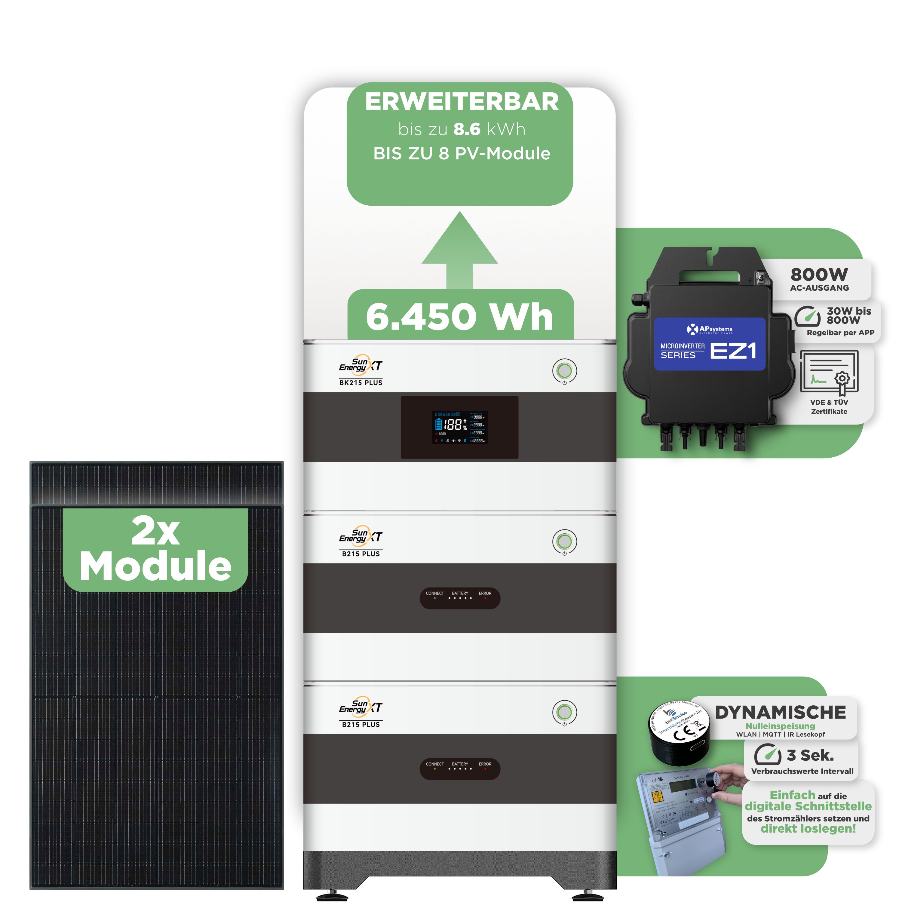 SunEnergyXT BK215 Plus Balkonkraftwerkspeicher 6.450 Wh / mit IR Lesekopf (bitshake) / 800 W (Apsystems EZ1-M)