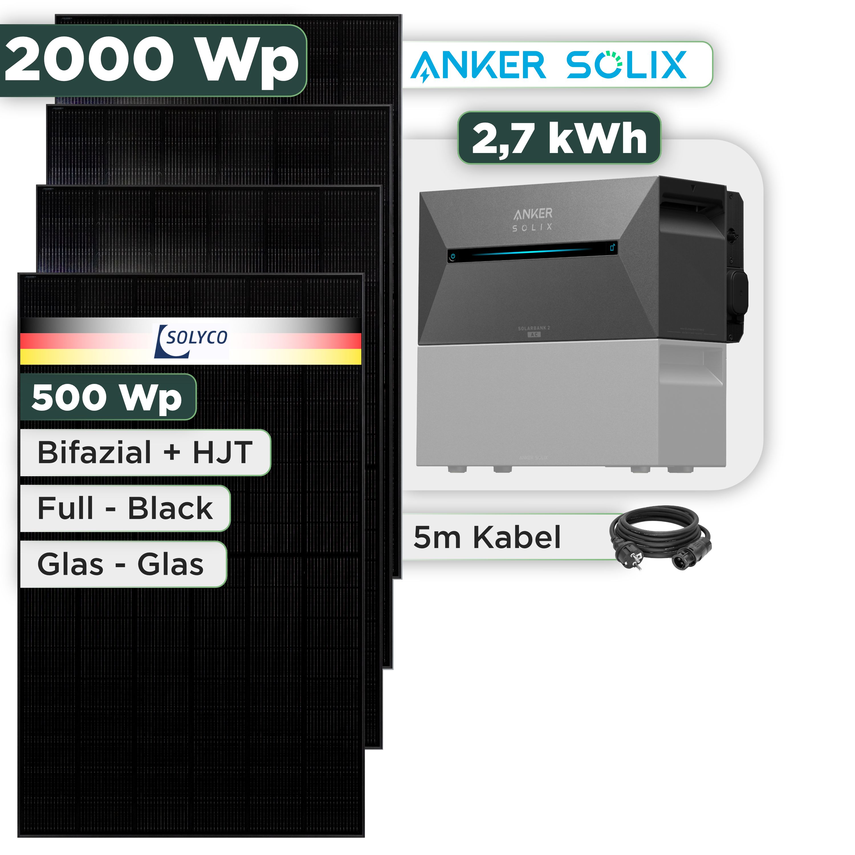 Balkonkraftwerk Set 2000 Wp Anker Solarbank 3 Pro / 2,7 kWh / Solyco 500 Wp Glas-Glas Fullblack-Modul Bifazial / 4 Module / Schuko Stecker / 3 m